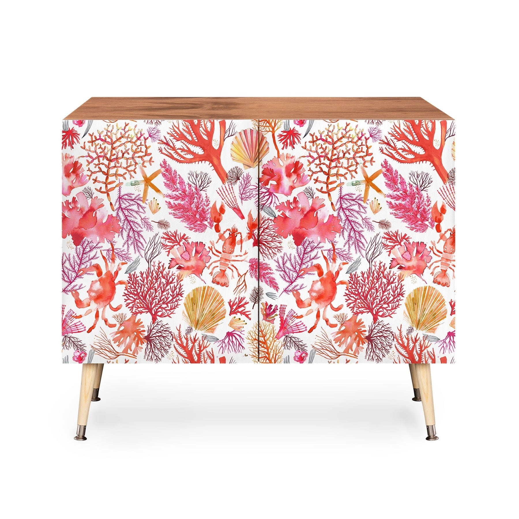 Ninola Design Botanic Retreat Coral Reef Crab Lobster Red Credenza