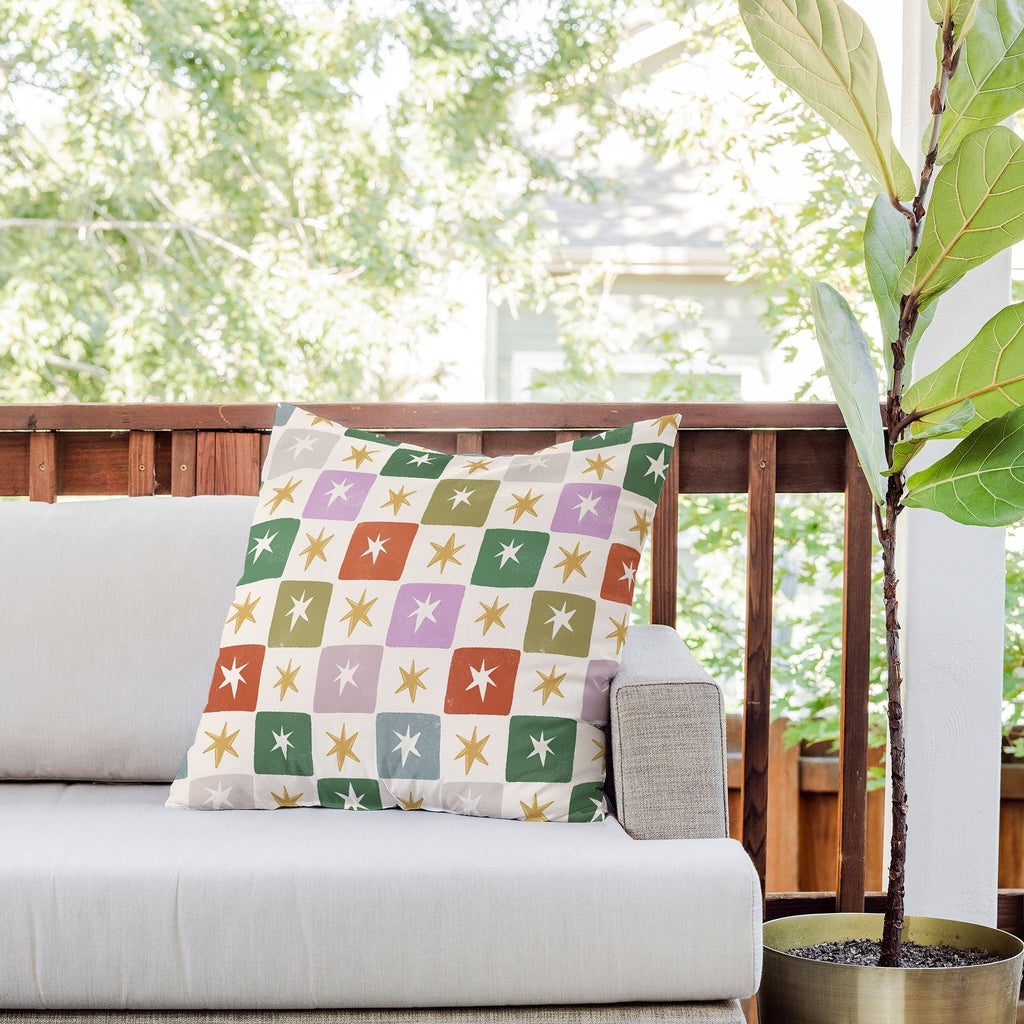 LouBruzzoni Retro Star Block Pattern Outdoor Throw Pillow