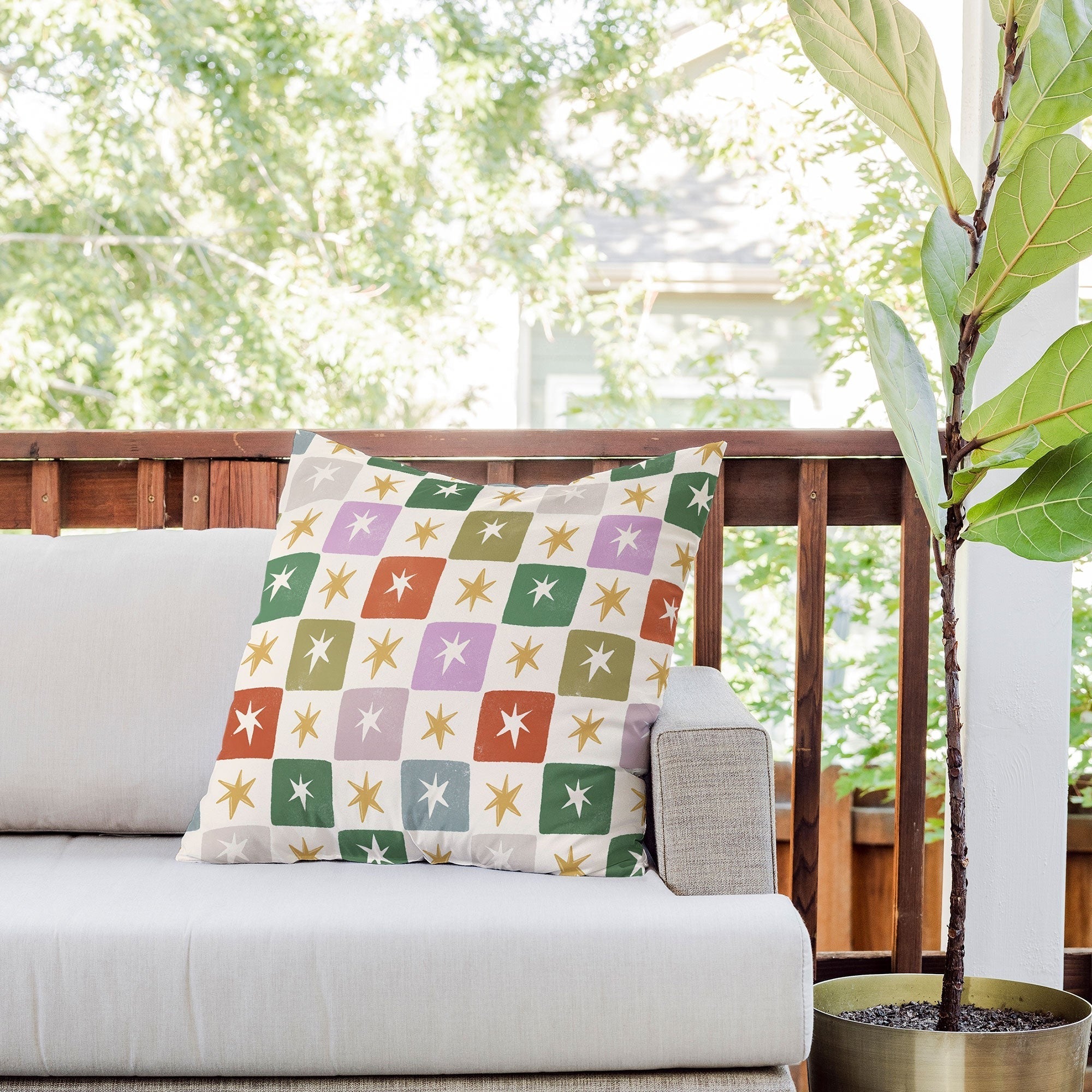 LouBruzzoni Retro Star Block Pattern Outdoor Throw Pillow