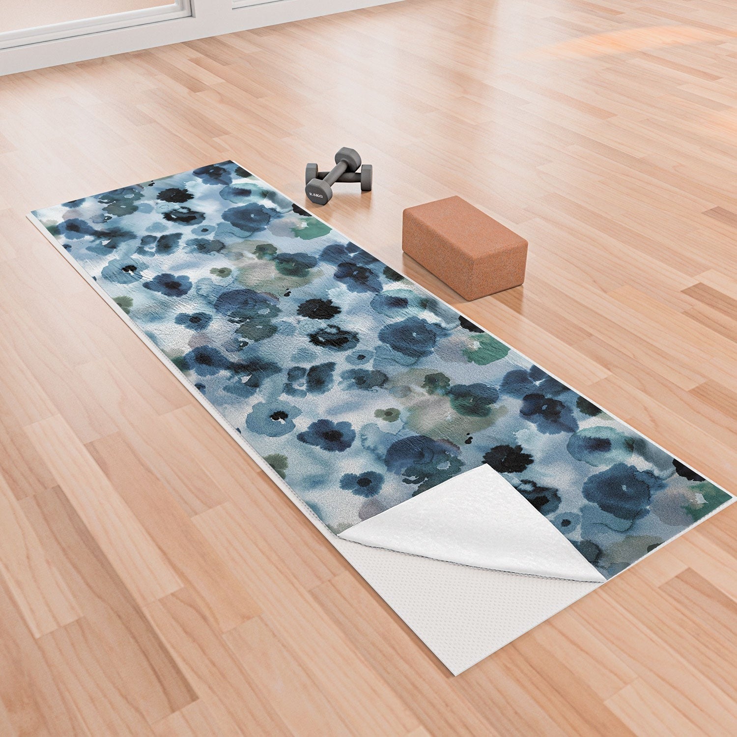 Ninola Design Botanic Retreat Ombre Abstract Watercolor Flowers Blue Navy Yoga Towel