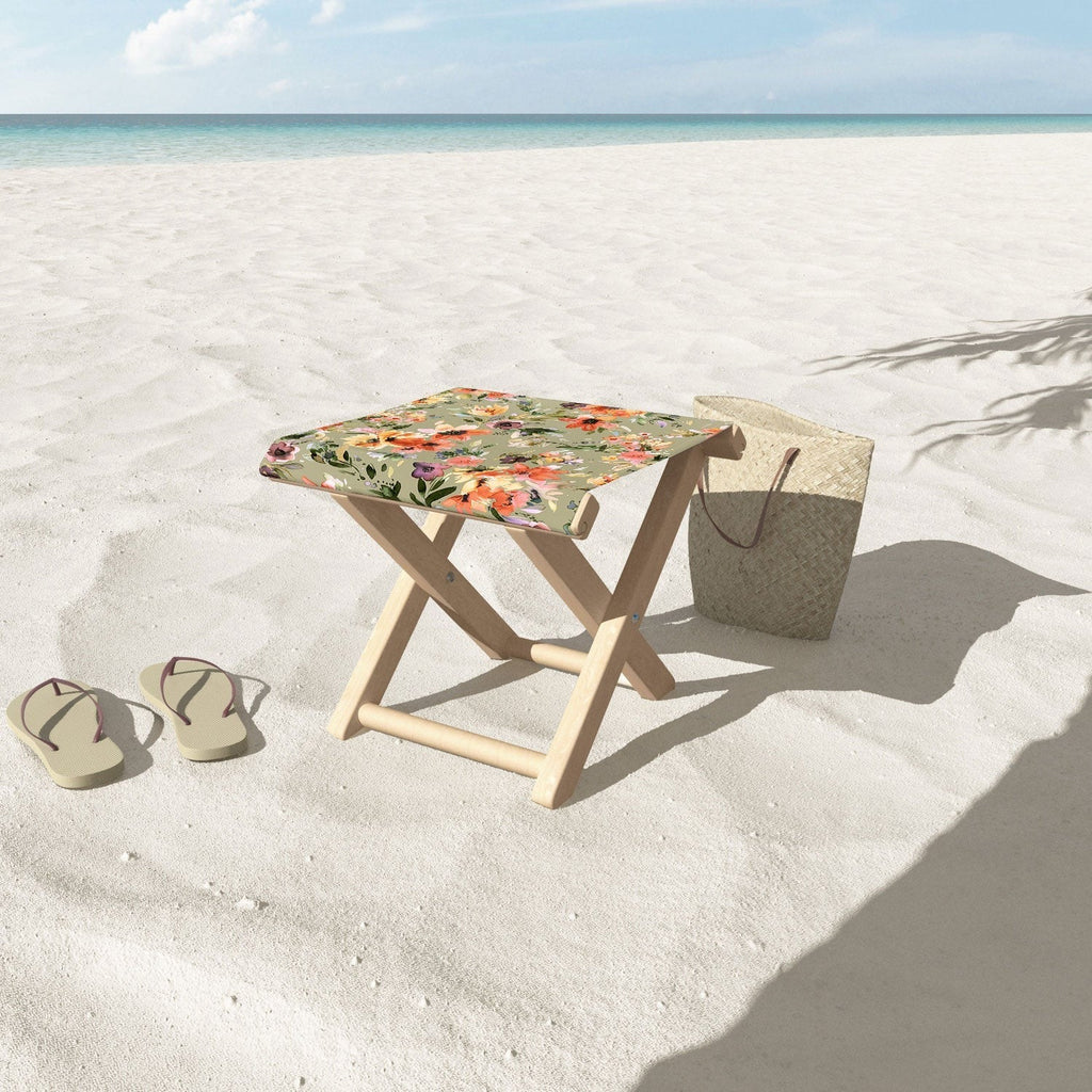 Ninola Design Botanic Retreat Painterly Tropical Flowers Sage Green Folding Stool