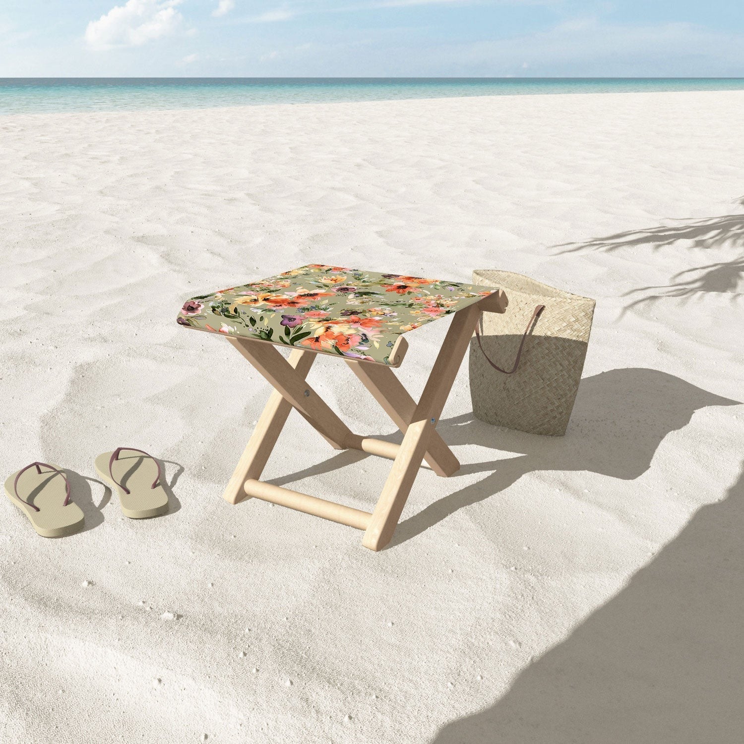 Ninola Design Botanic Retreat Painterly Tropical Flowers Sage Green Folding Stool
