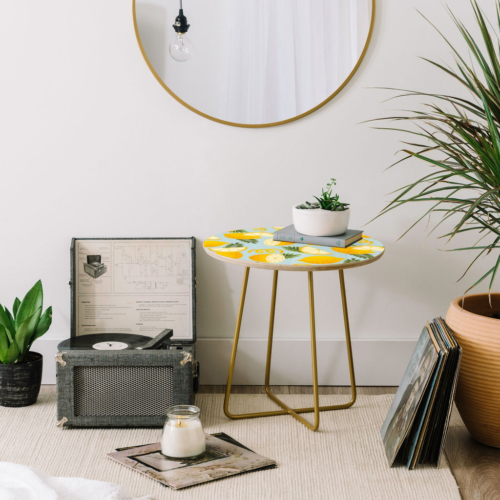 Jessica Molina Lemon Pattern on Sky Blue Round Side Table