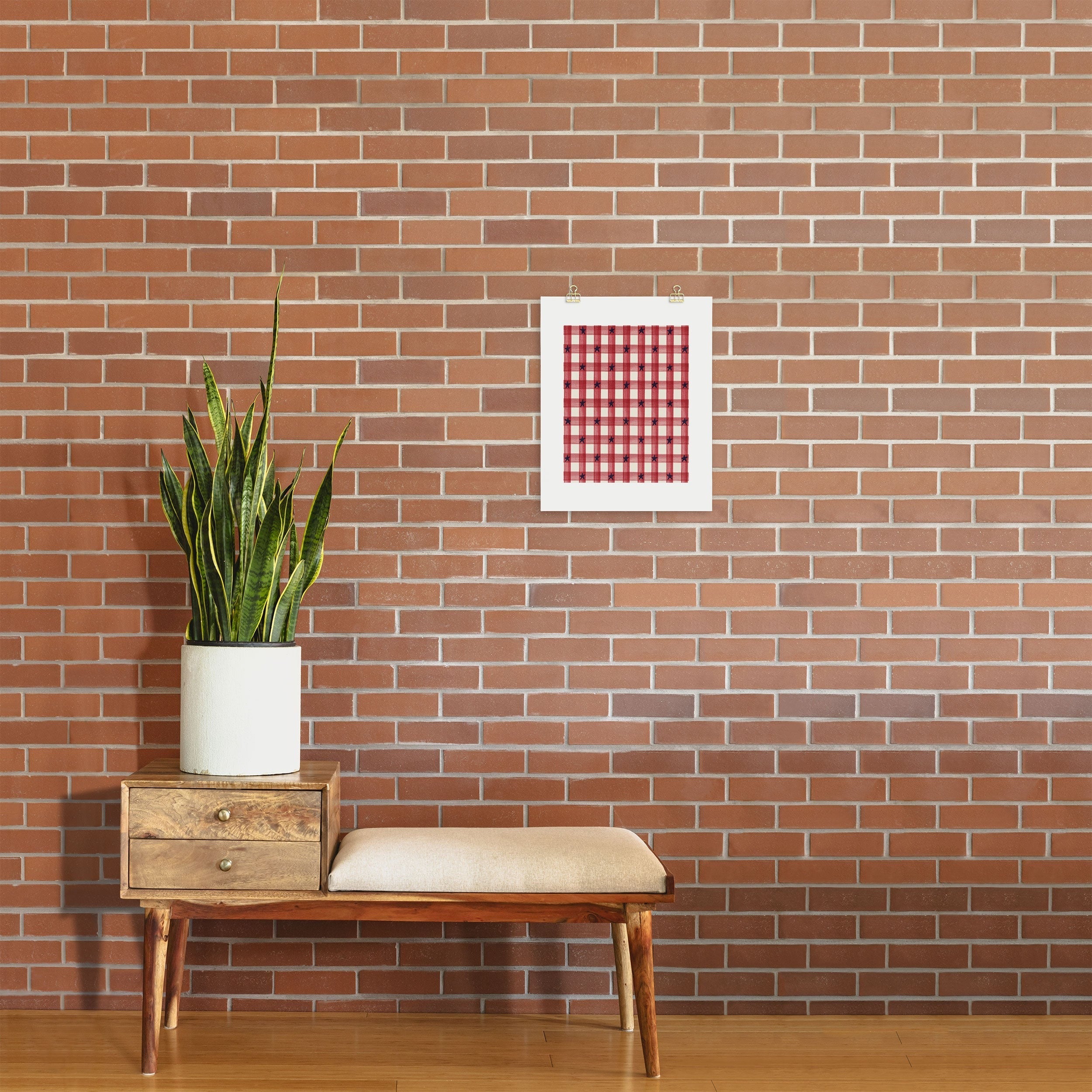 DENY Designs Red Gingham plus Stars Art Print