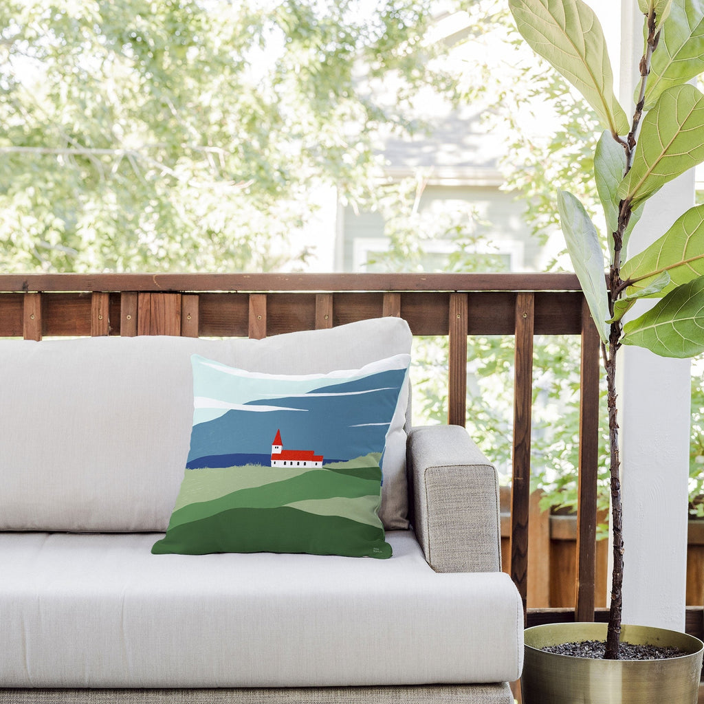 Valeria Frustaci Red roof in Iceland Outdoor Throw Pillow