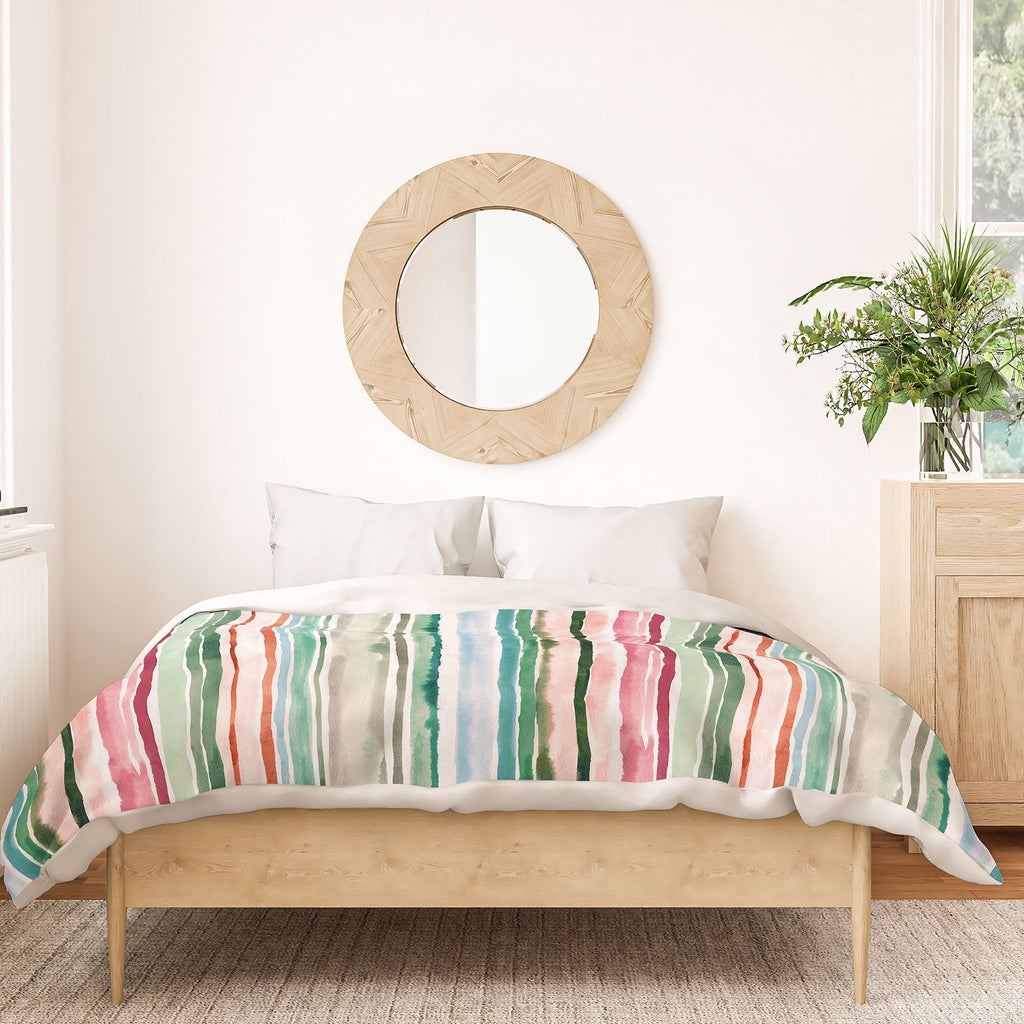 Ninola Design Botanic Retreat Watercolor Stripes Green Orange Red Duvet Cover