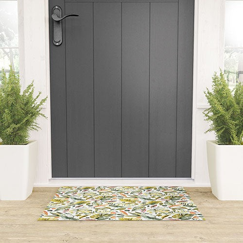 Ninola Design Botanic Retreat Tropical Jungle Leaves Botanical Green Orange Welcome Mat
