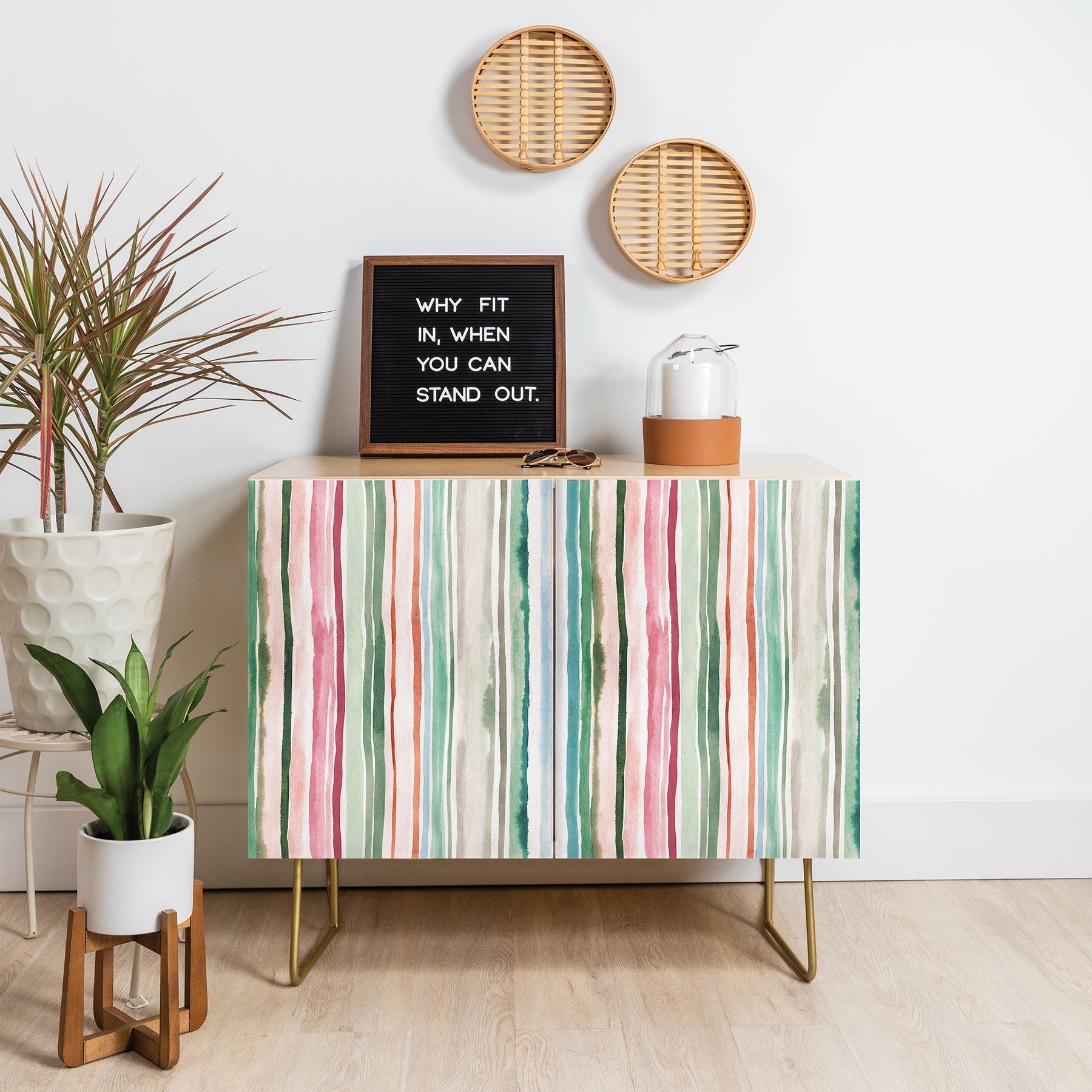 Ninola Design Botanic Retreat Watercolor Stripes Green Orange Red Credenza