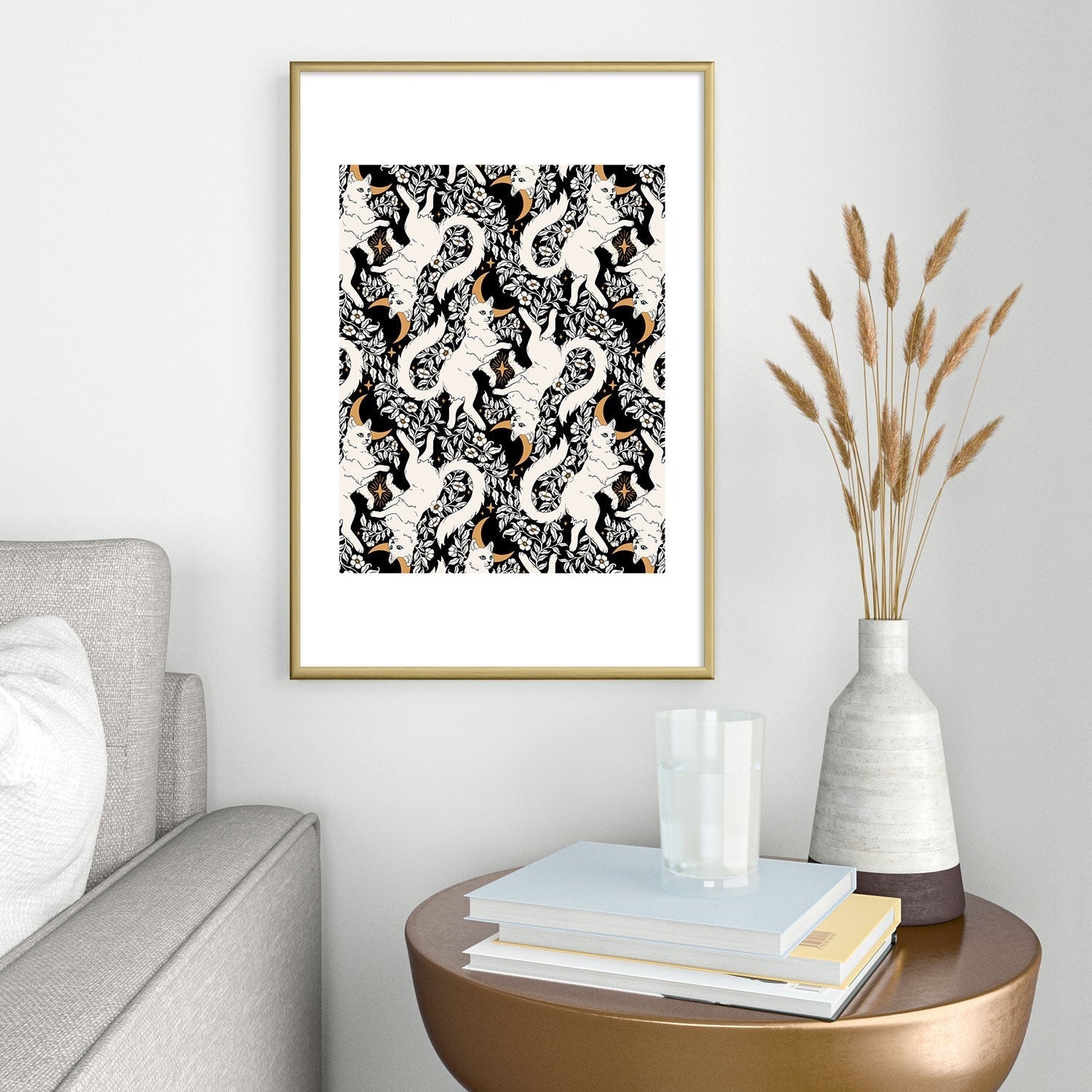 Avenie Celestial Cats Gold Metal Framed Art Print