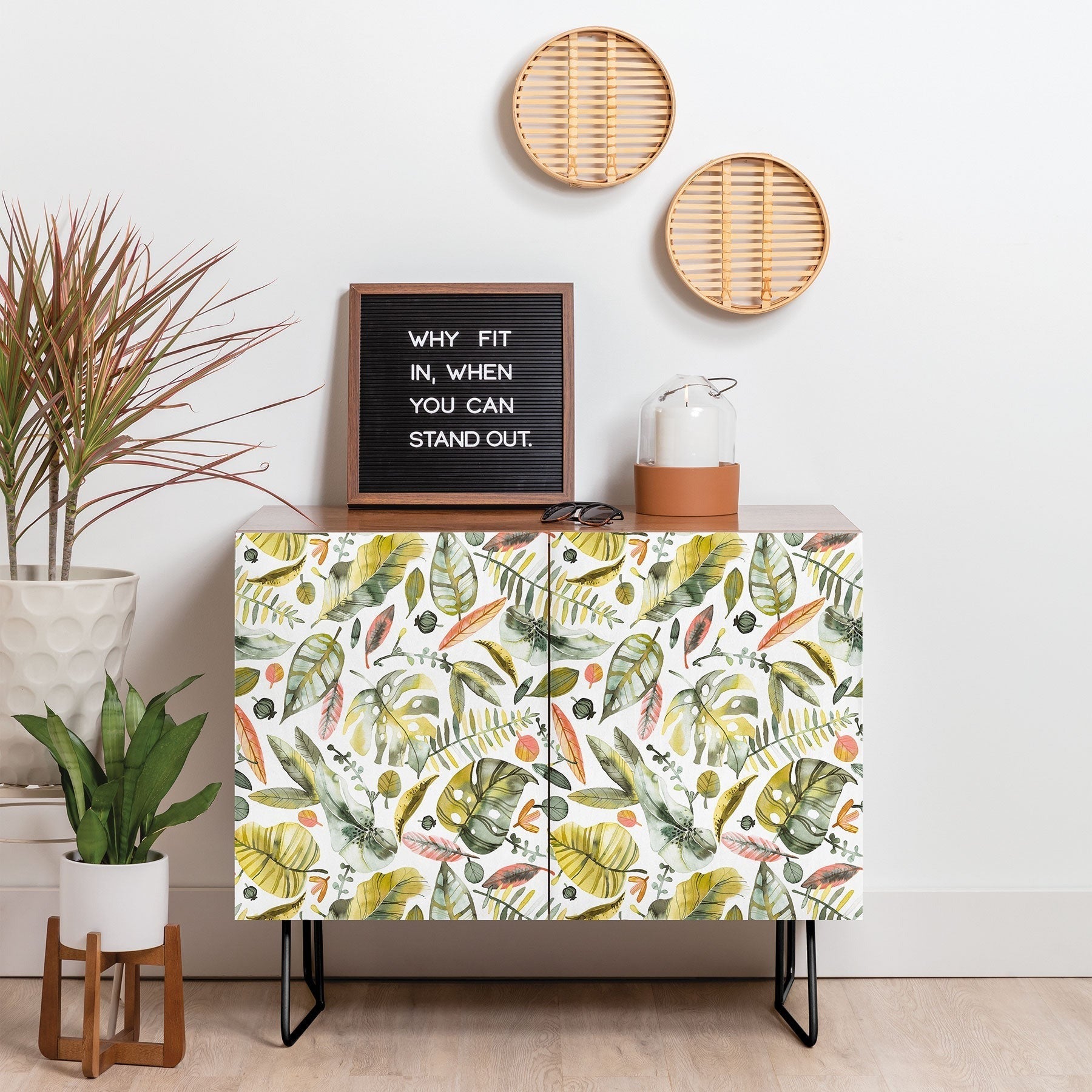 Ninola Design Botanic Retreat Tropical Jungle Leaves Botanical Green Orange Credenza