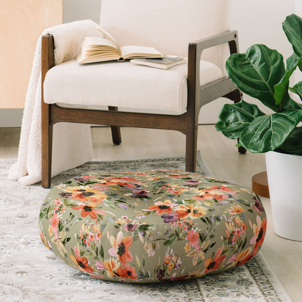 Ninola Design Botanic Retreat Painterly Tropical Flowers Sage Green Floor Pillow Round