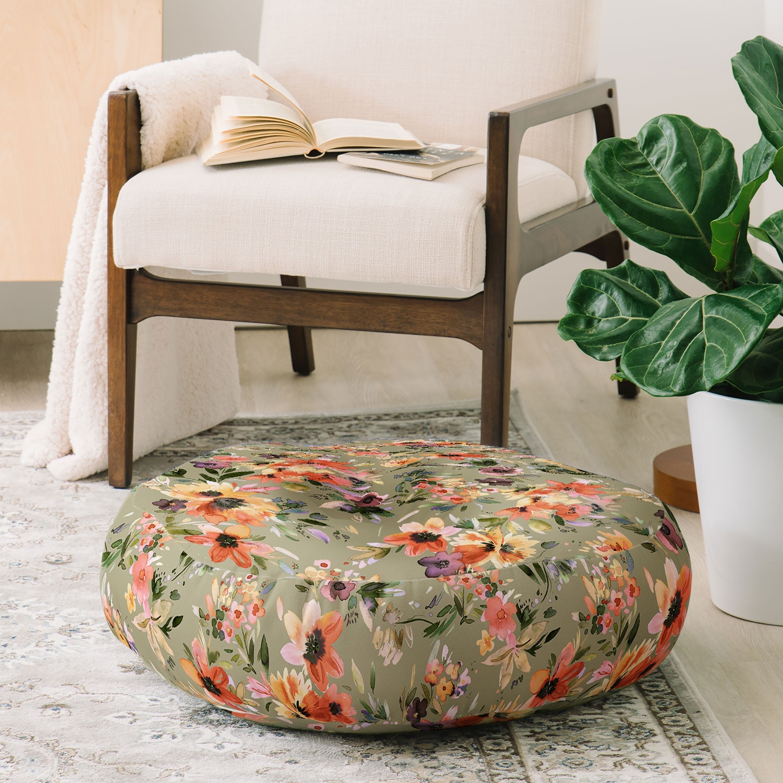 Ninola Design Botanic Retreat Painterly Tropical Flowers Sage Green Floor Pillow Round