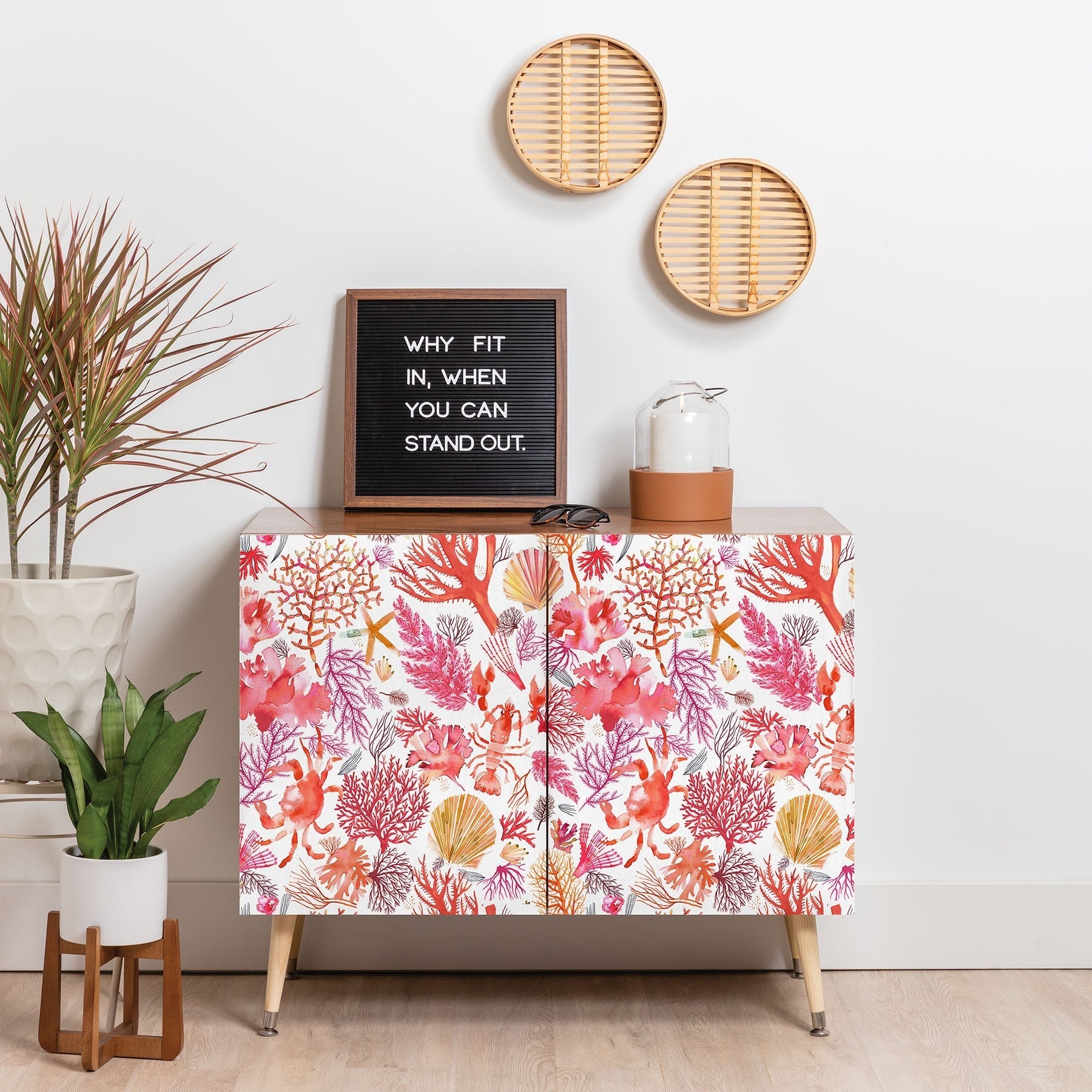 Ninola Design Botanic Retreat Coral Reef Crab Lobster Red Credenza
