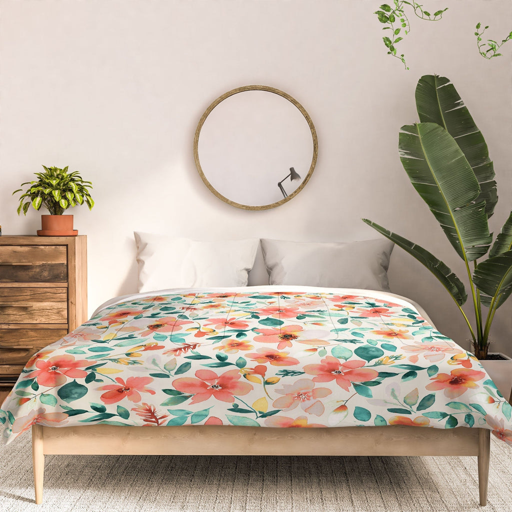 Ninola Design Botanic Retreat Tropical Whimsical Flowers Coral Green Comforter