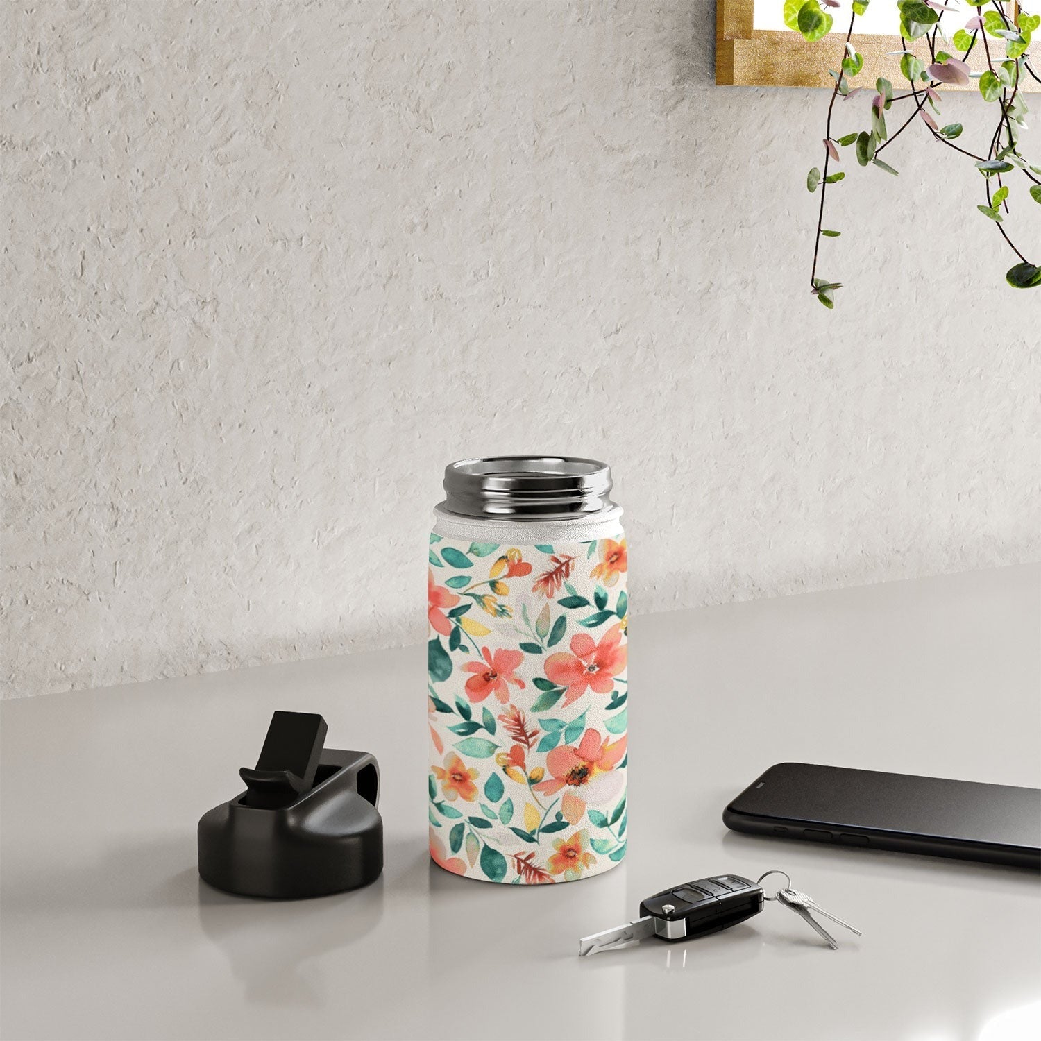 Ninola Design Botanic Retreat Tropical Whimsical Flowers Coral Green Water Bottle