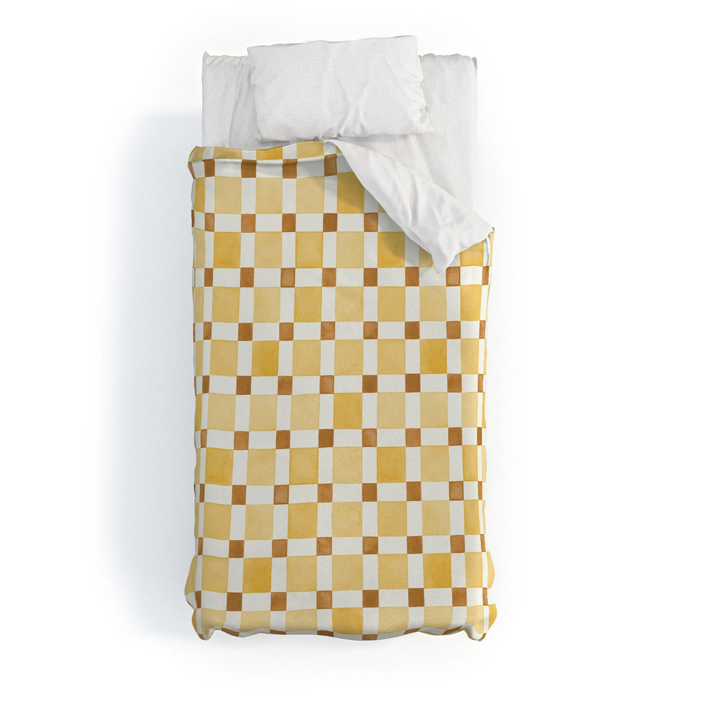 Ninola Design Everyday Artifact Checker Mosaic Tiles Geometry Yellow Duvet Cover
