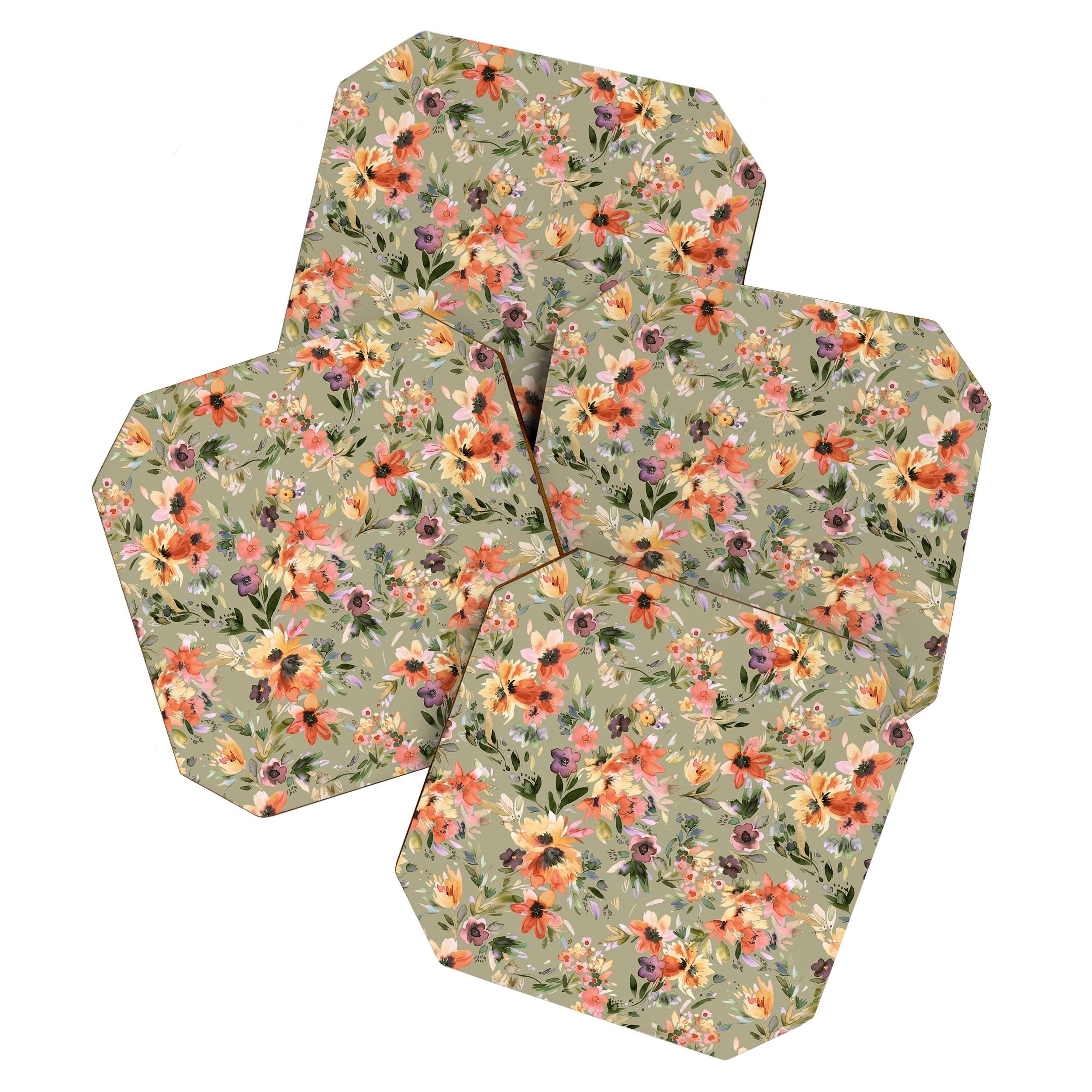 Ninola Design Botanic Retreat Floral Oleander Whimsical Teal Green Coaster Set