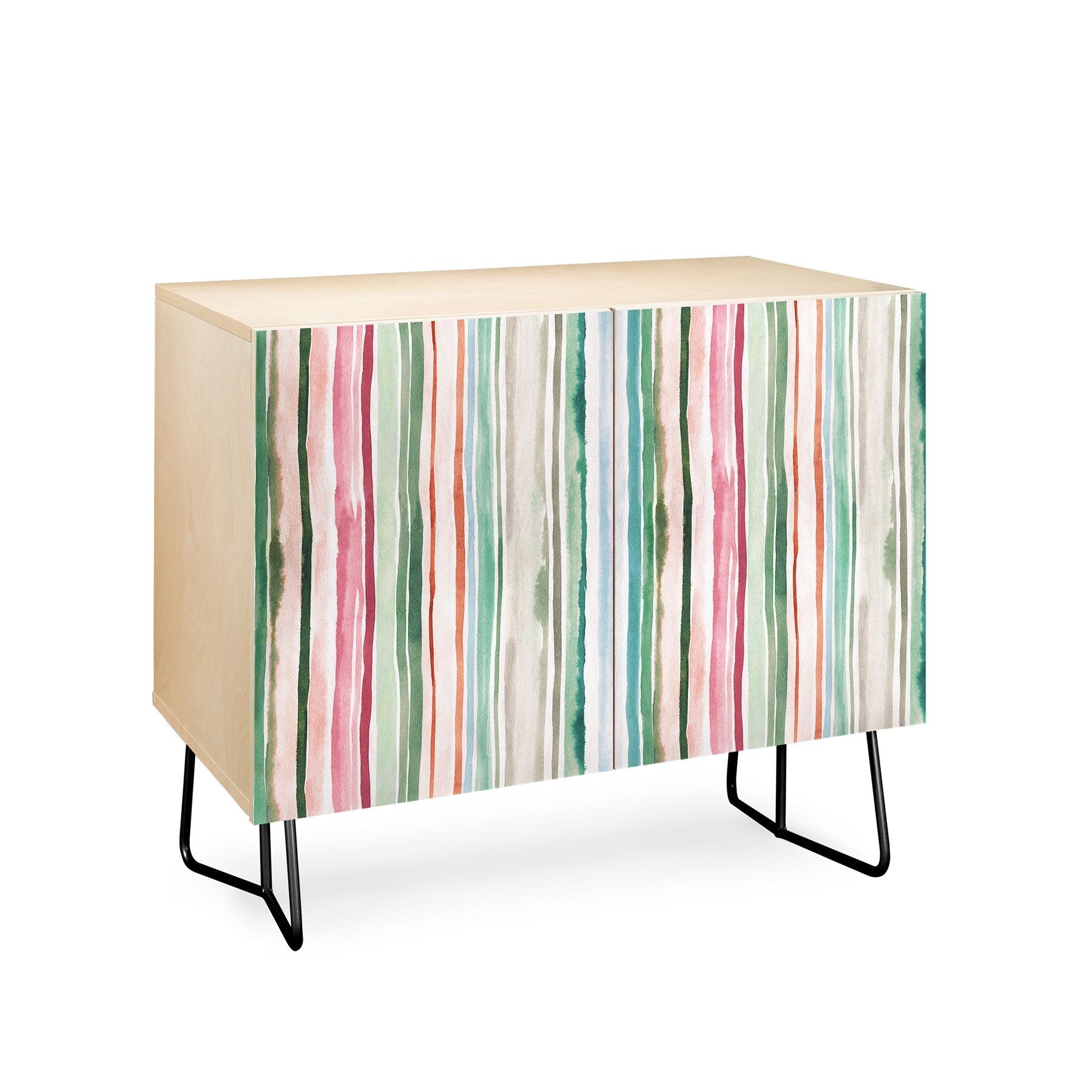 Ninola Design Botanic Retreat Watercolor Stripes Green Orange Red Credenza