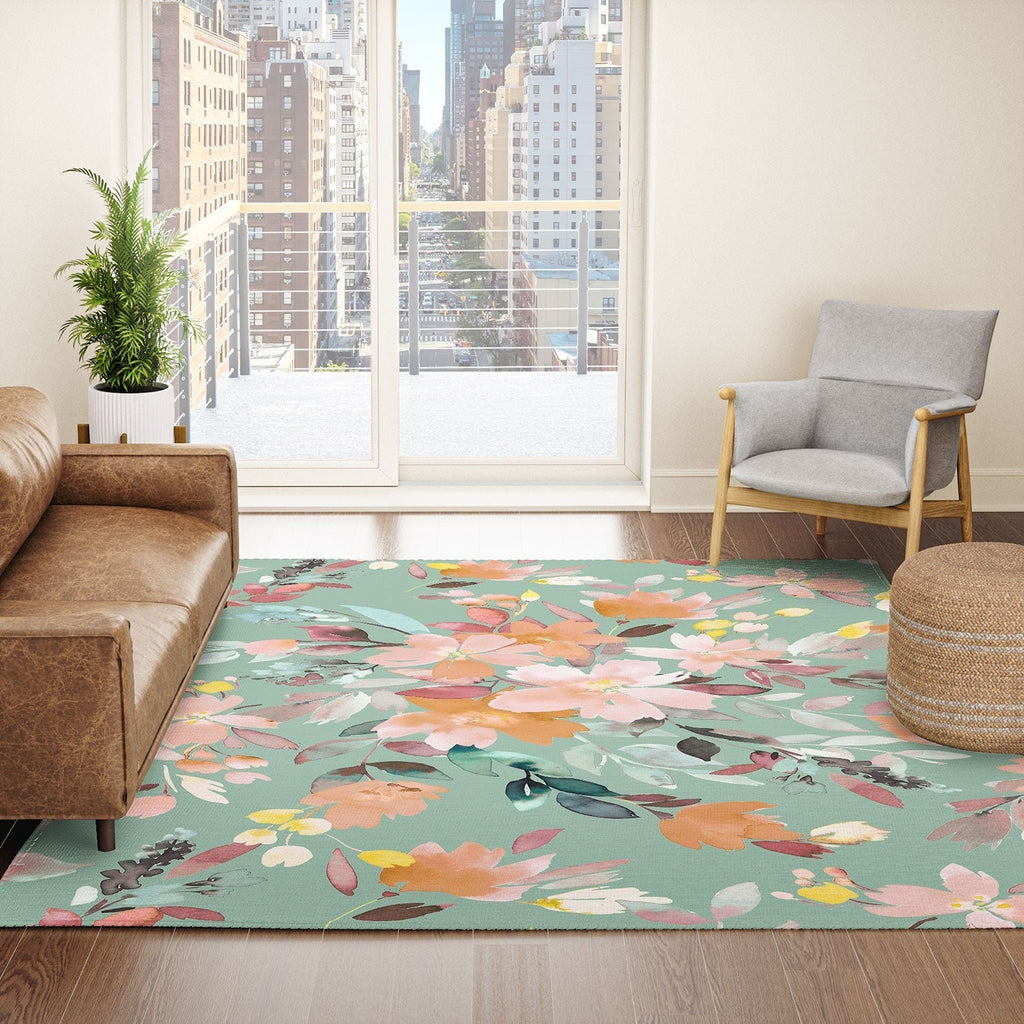 Ninola Design Botanic Retreat Floral Oleander Whimsical Teal Green Area Rug