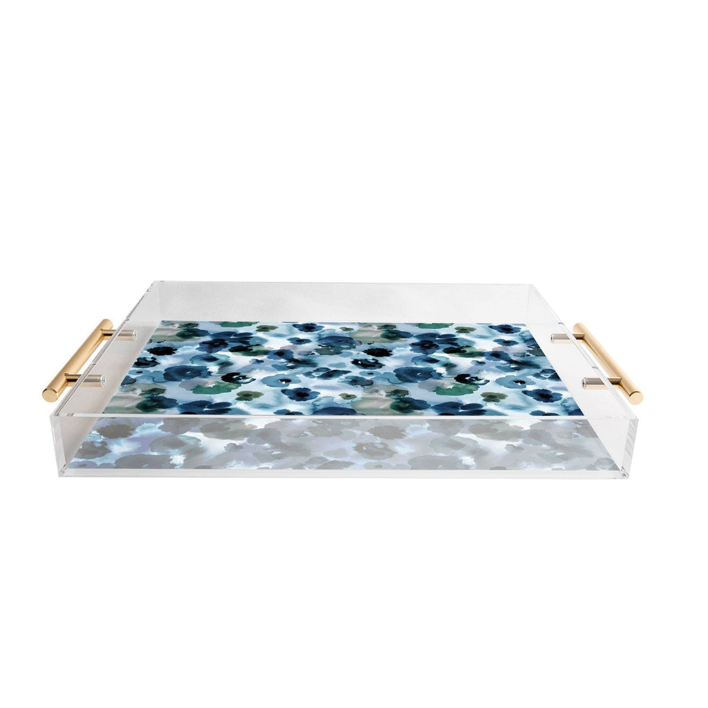 Ninola Design Botanic Retreat Ombre Abstract Watercolor Flowers Blue Navy Acrylic Tray