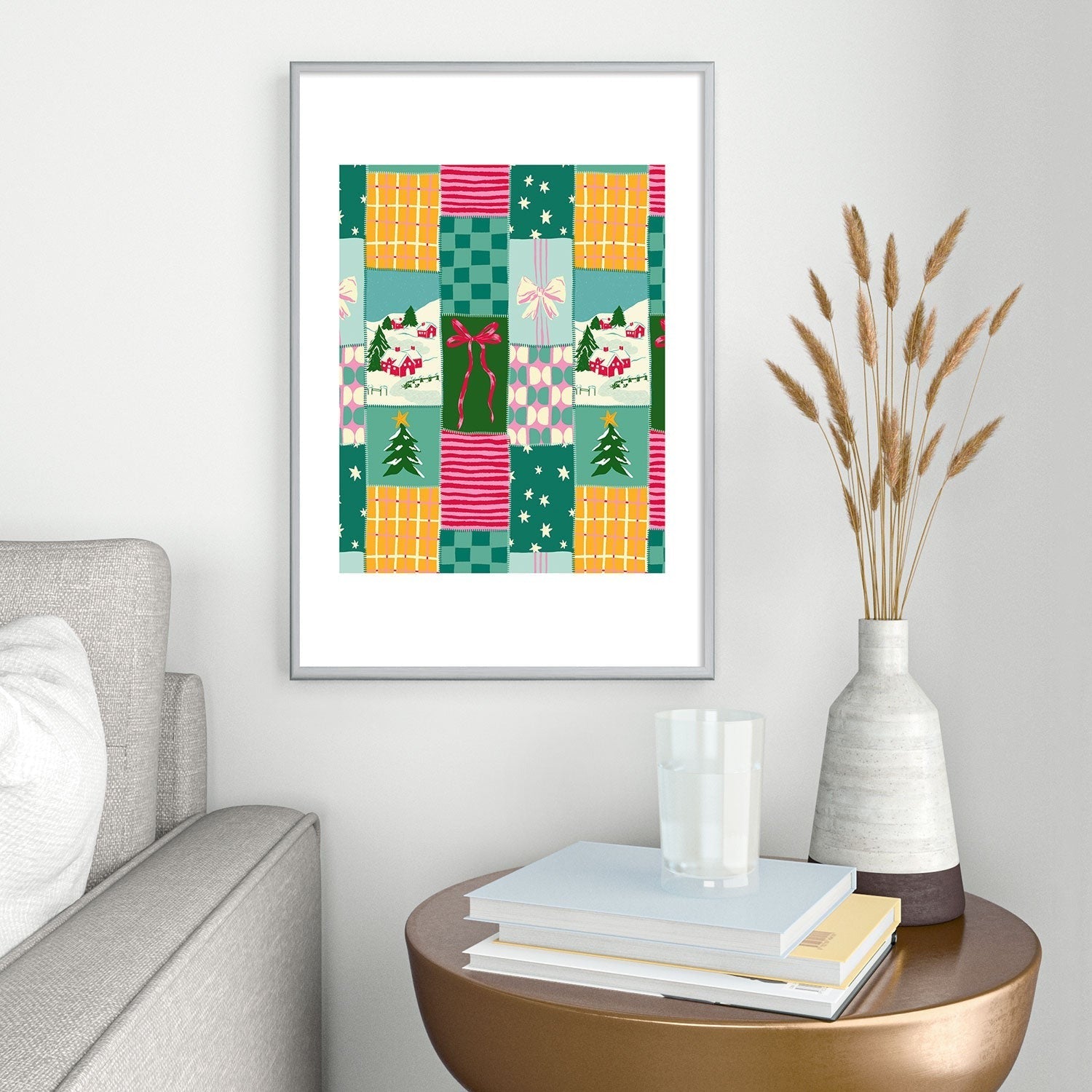LouBruzzoni Cozy Christmas Patchwork Metal Framed Art Print