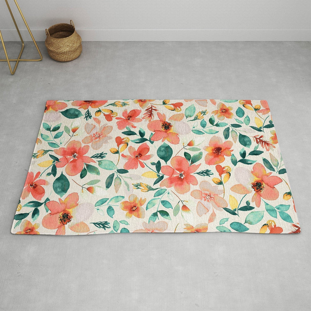 Ninola Design Botanic Retreat Tropical Whimsical Flowers Coral Green Area Rug