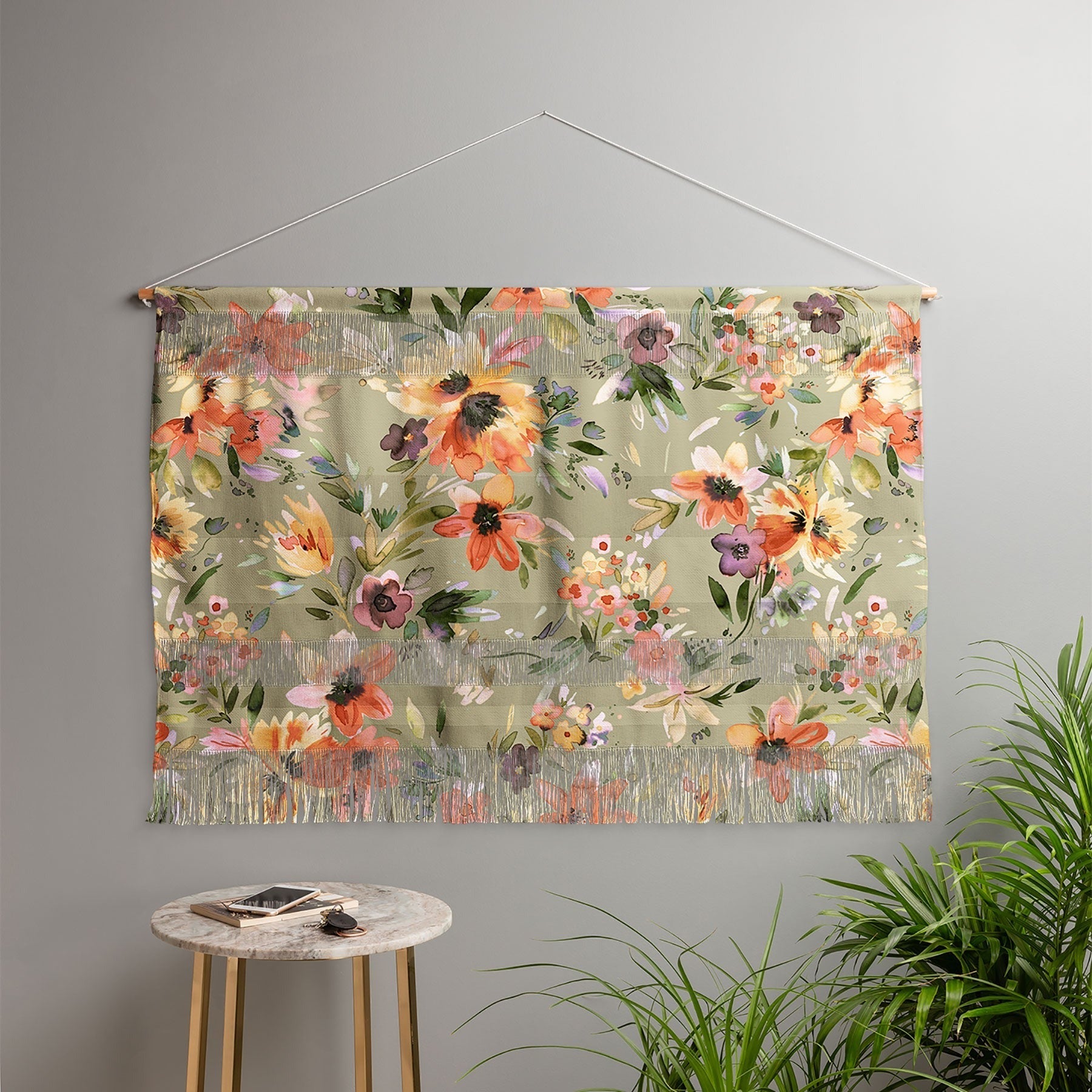 Ninola Design Botanic Retreat Painterly Tropical Flowers Sage Green Wall Hanging Landscape