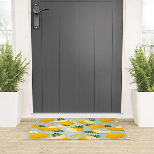 Jessica Molina Lemon Pattern on Sky Blue Welcome Mat