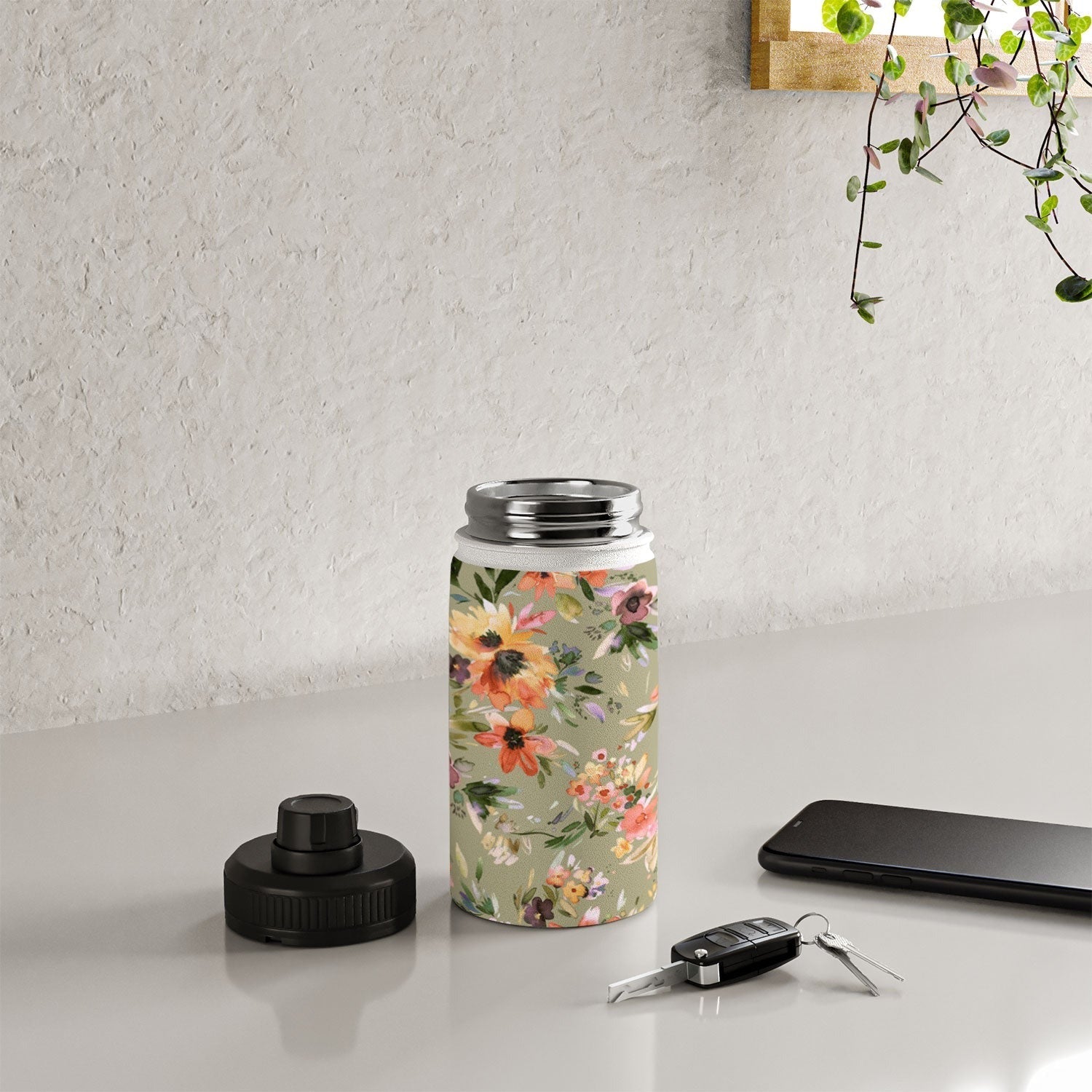 Ninola Design Botanic Retreat Painterly Tropical Flowers Sage Green Water Bottle