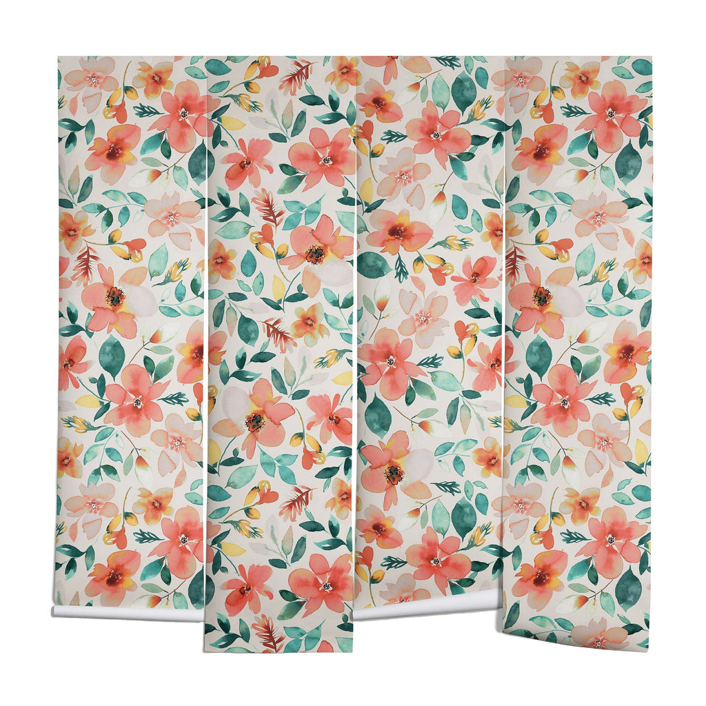 Ninola Design Botanic Retreat Tropical Whimsical Flowers Coral Green Wall Mural