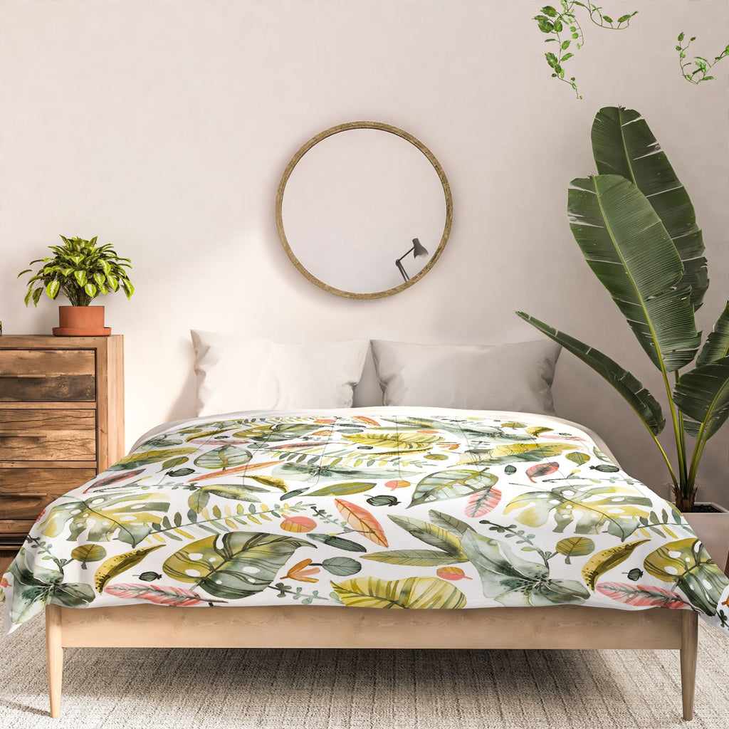 Ninola Design Botanic Retreat Tropical Jungle Leaves Botanical Green Orange Comforter
