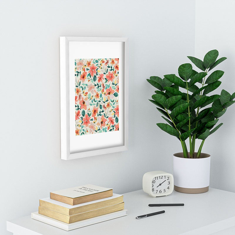 Ninola Design Botanic Retreat Tropical Whimsical Flowers Coral Green Recessed Framing Rectangle