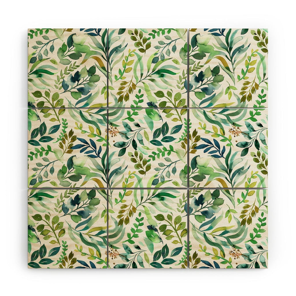 Ninola Design Botanic Retreat Loose Botanical Leaves Watercolor Green Wood Wall Mural