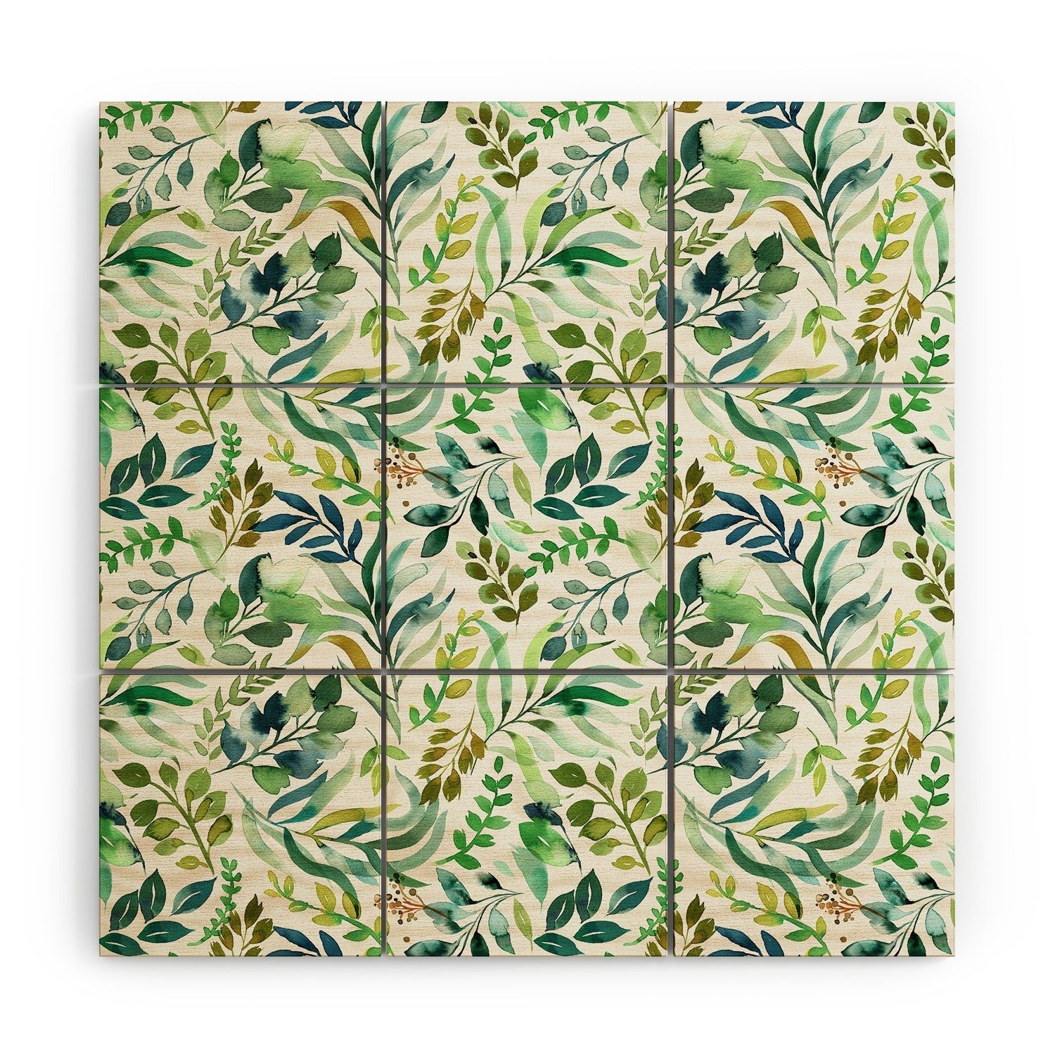 Ninola Design Botanic Retreat Loose Botanical Leaves Watercolor Green Wood Wall Mural