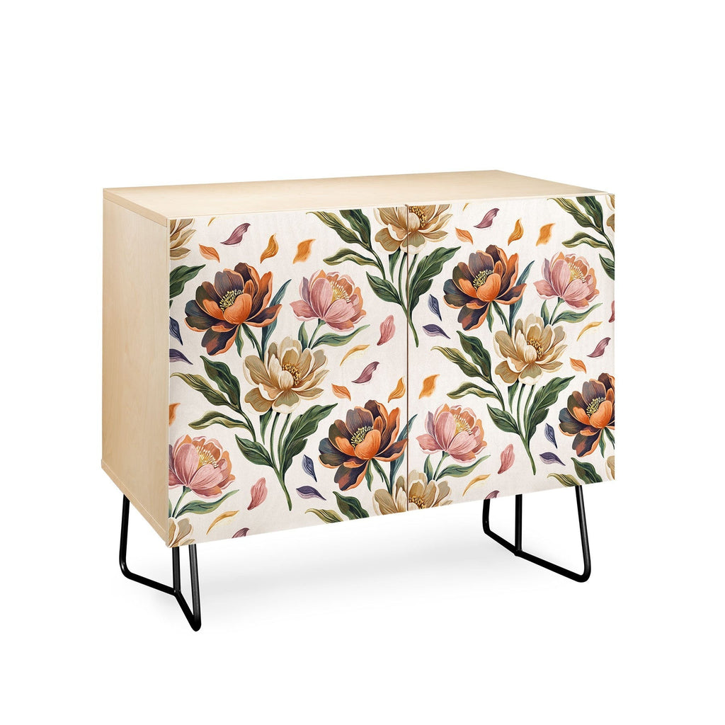 Marta Barragan Camarasa Hand Painted Peony Florals Credenza