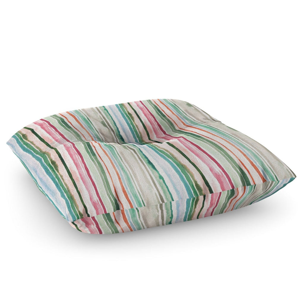 Ninola Design Botanic Retreat Watercolor Stripes Green Orange Red Floor Pillow Square