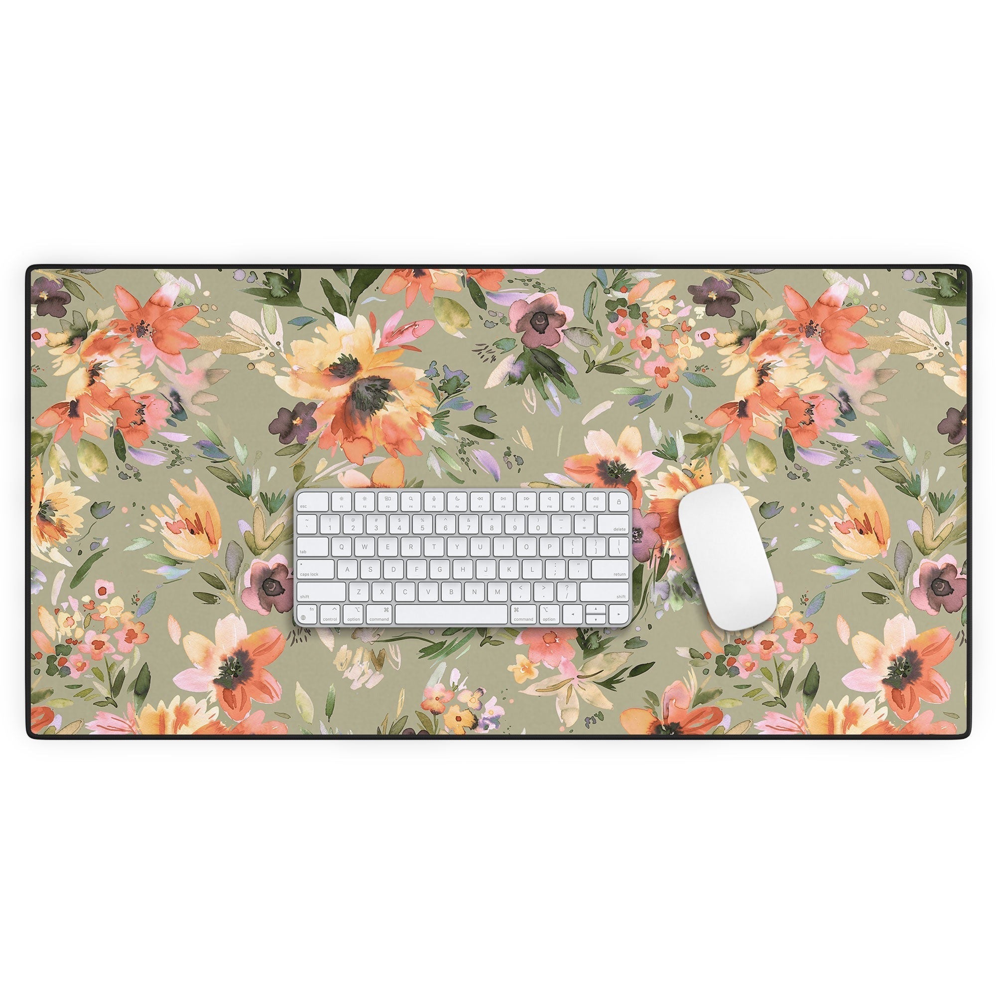 Ninola Design Botanic Retreat Painterly Tropical Flowers Sage Green Desk Mat