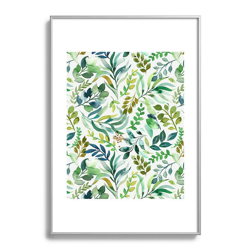 Ninola Design Botanic Retreat Loose Botanical Leaves Watercolor Green Metal Framed Art Print