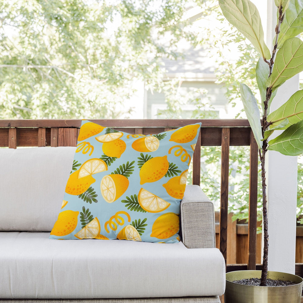 Jessica Molina Lemon Pattern on Sky Blue Outdoor Throw Pillow