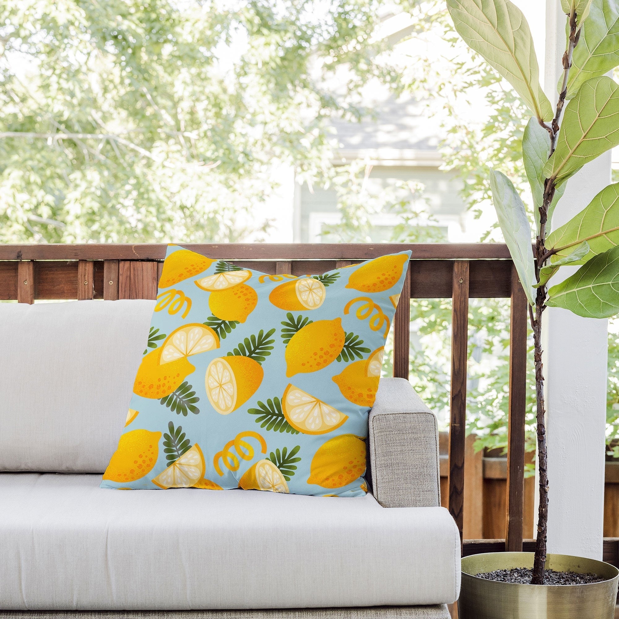 Jessica Molina Lemon Pattern on Sky Blue Outdoor Throw Pillow
