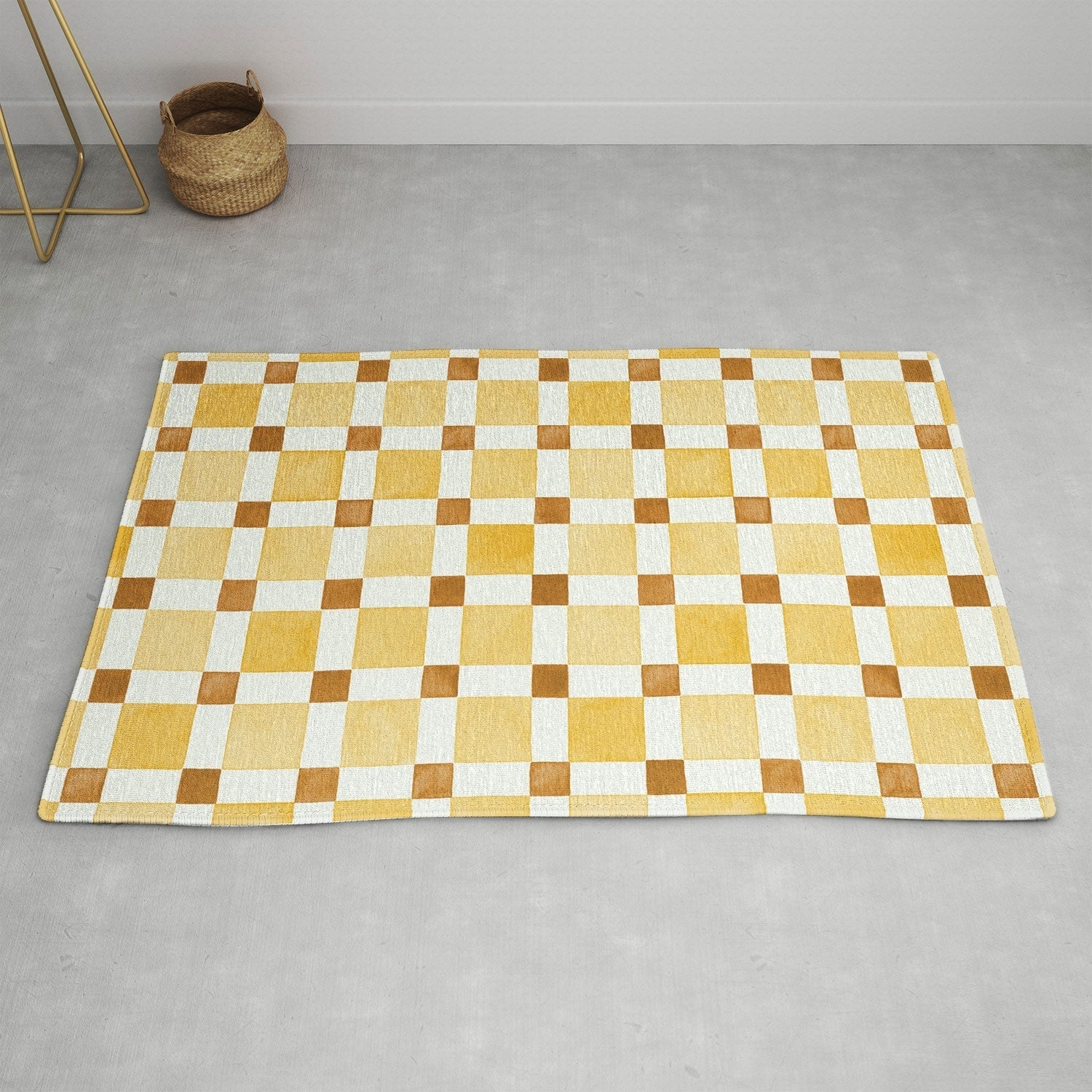 Ninola Design Everyday Artifact Checker Mosaic Tiles Geometry Yellow Area Rug