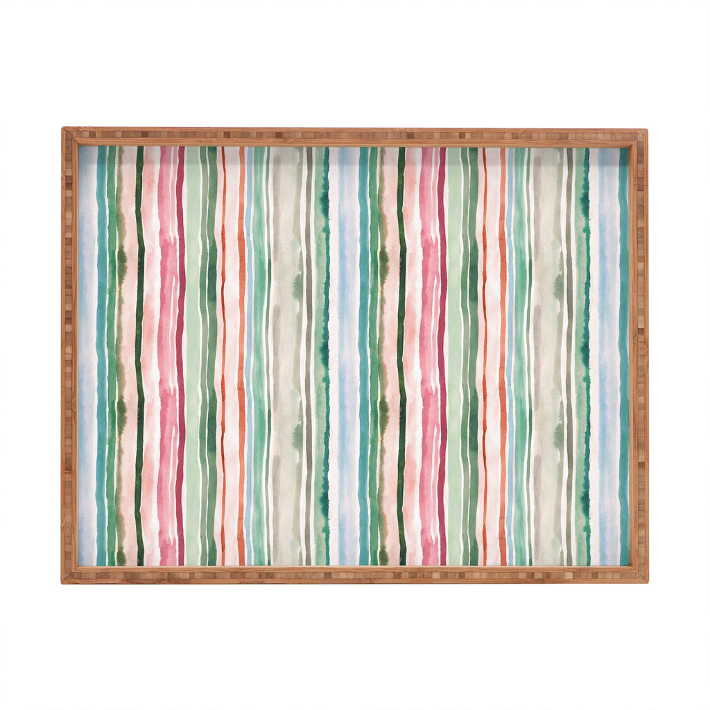 Ninola Design Botanic Retreat Watercolor Stripes Green Orange Red Rectangular Tray