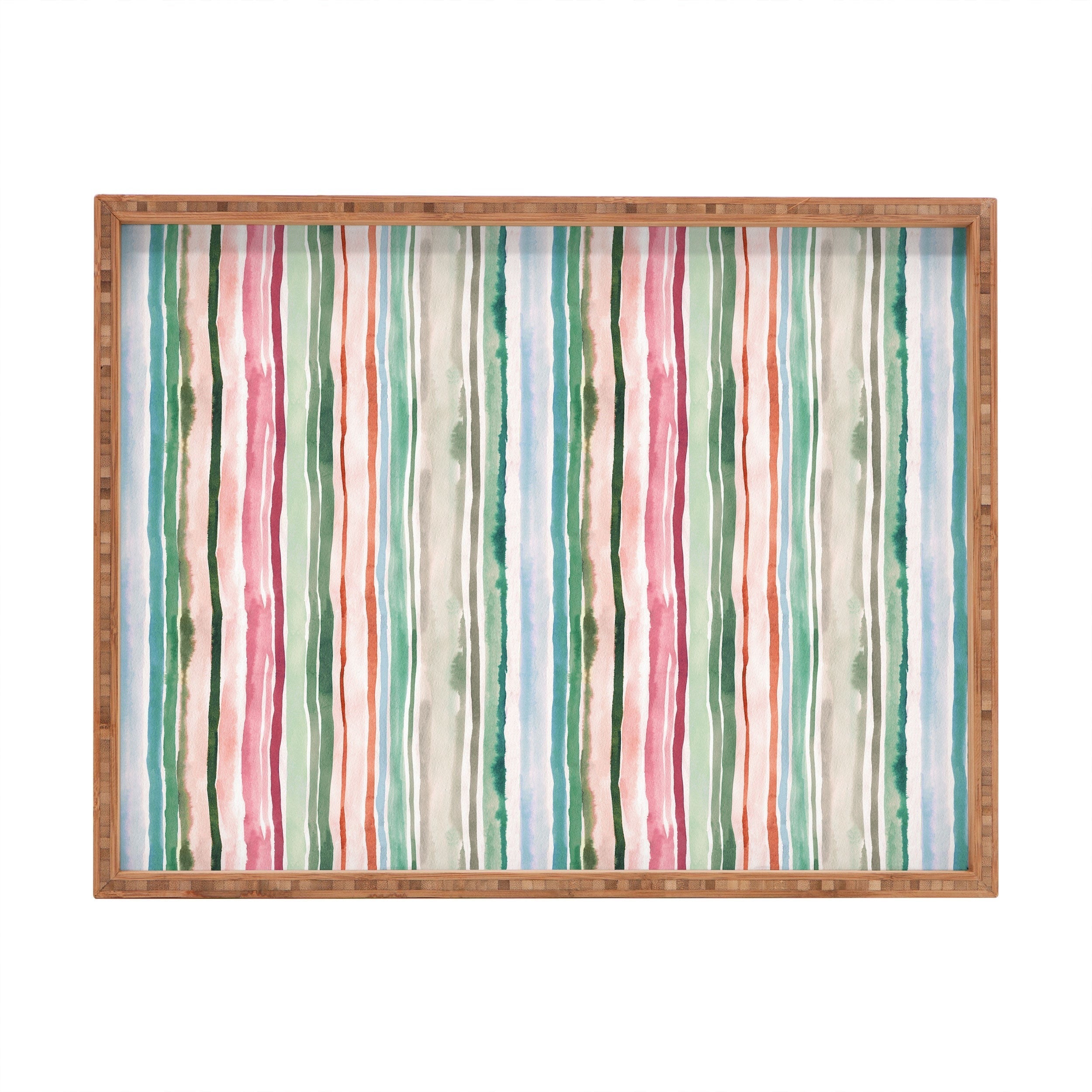 Ninola Design Botanic Retreat Watercolor Stripes Green Orange Red Rectangular Tray