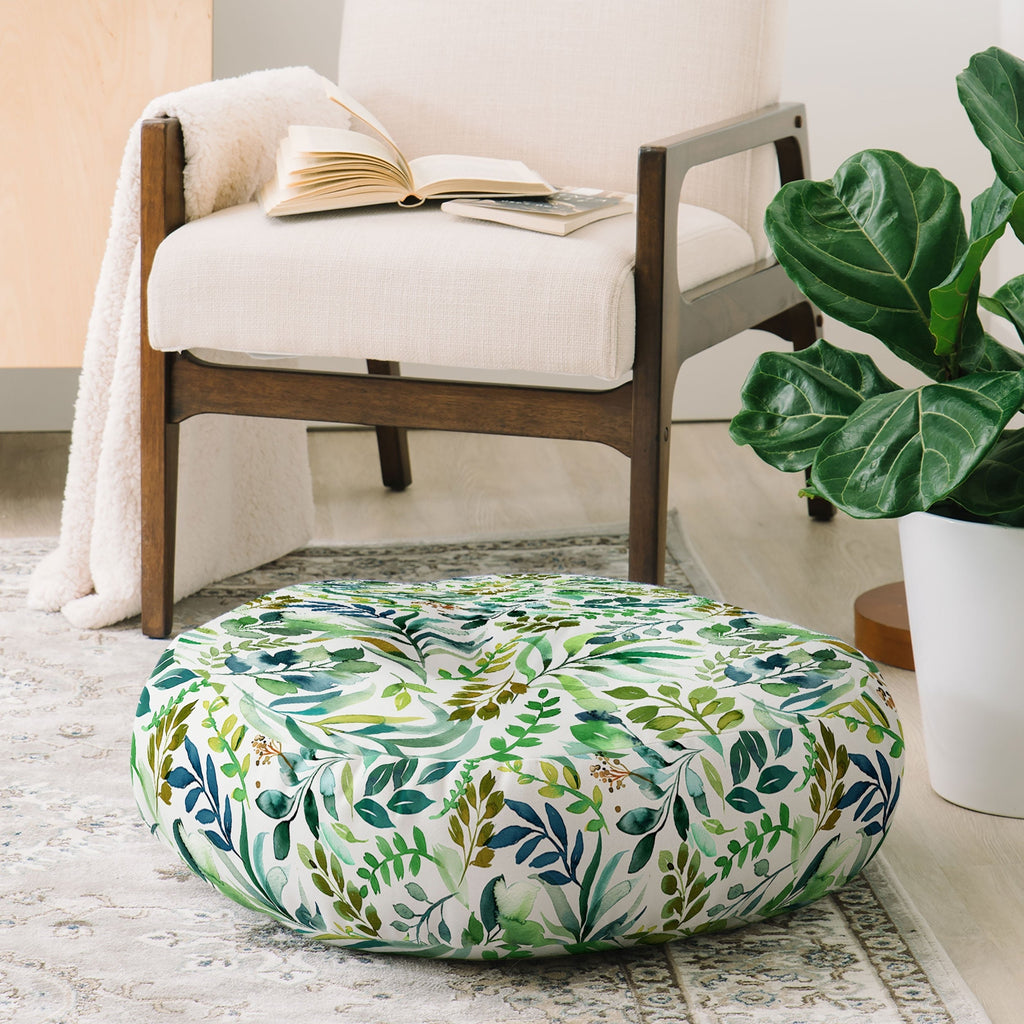 Ninola Design Botanic Retreat Loose Botanical Leaves Watercolor Green Floor Pillow Round