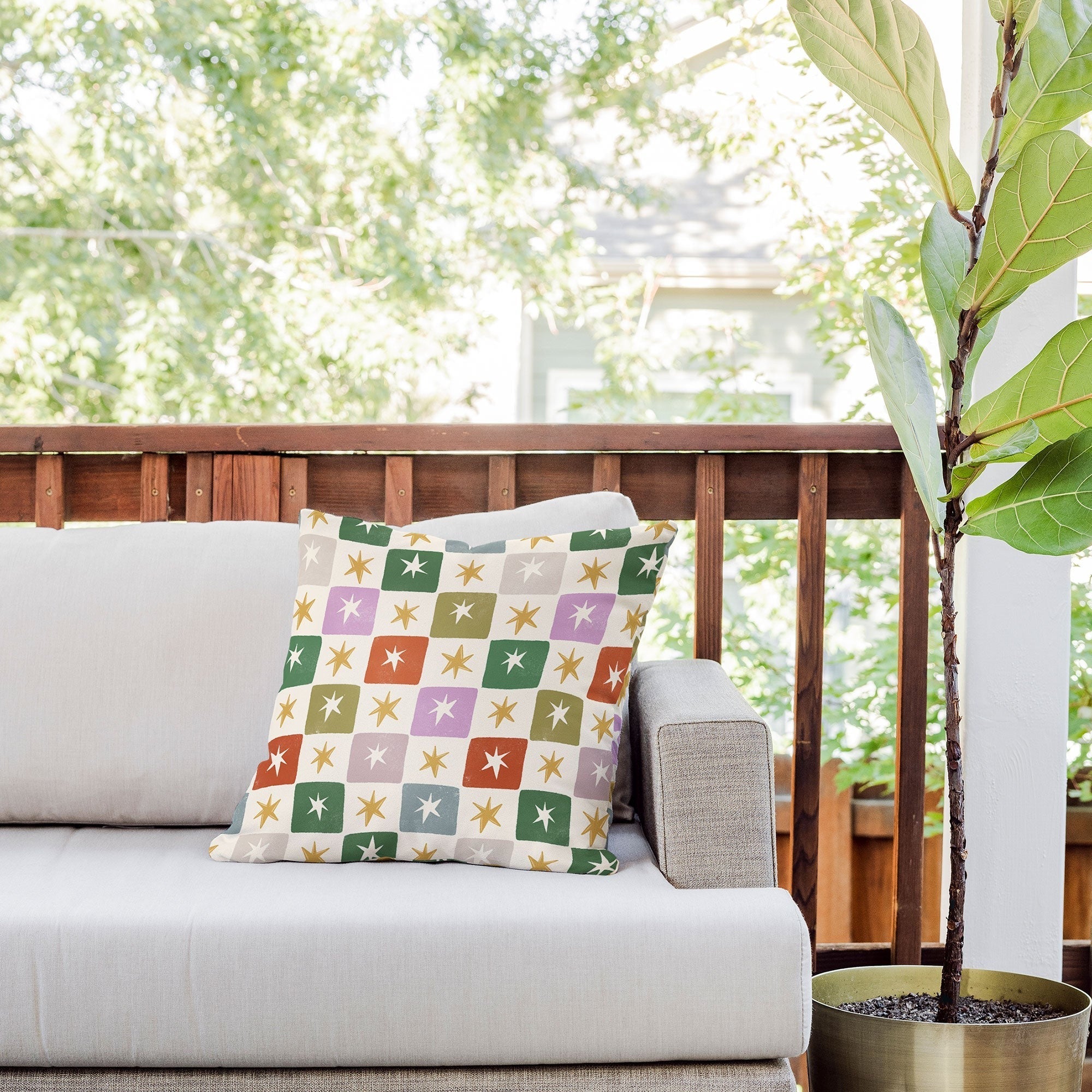 LouBruzzoni Retro Star Block Pattern Outdoor Throw Pillow