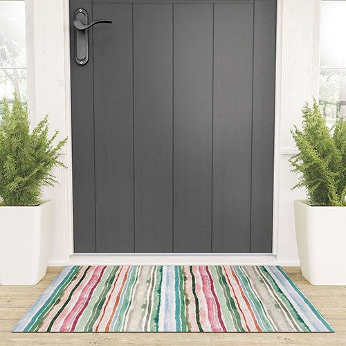 Ninola Design Botanic Retreat Watercolor Stripes Green Orange Red Welcome Mat