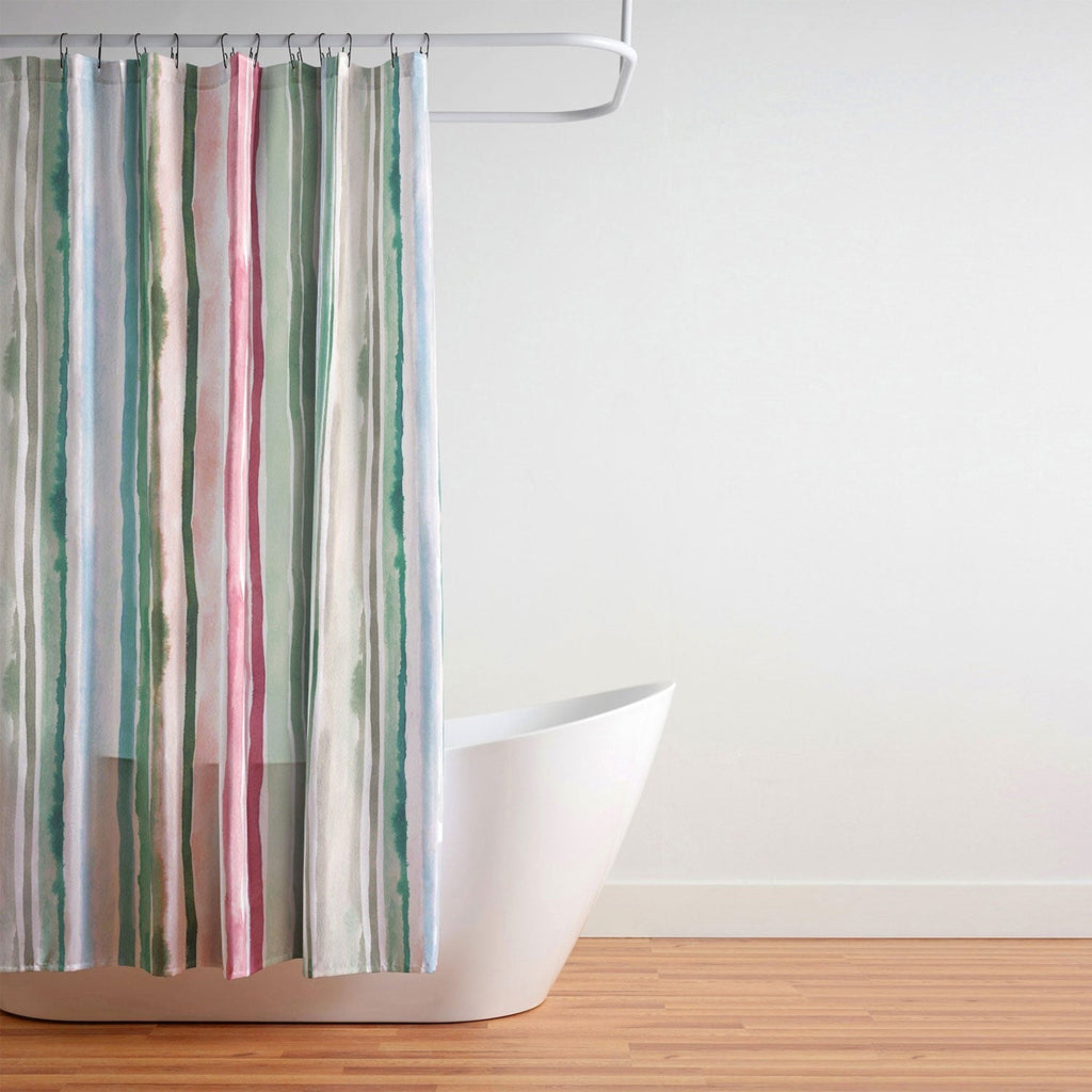 Ninola Design Botanic Retreat Watercolor Stripes Green Orange Red Shower Curtain