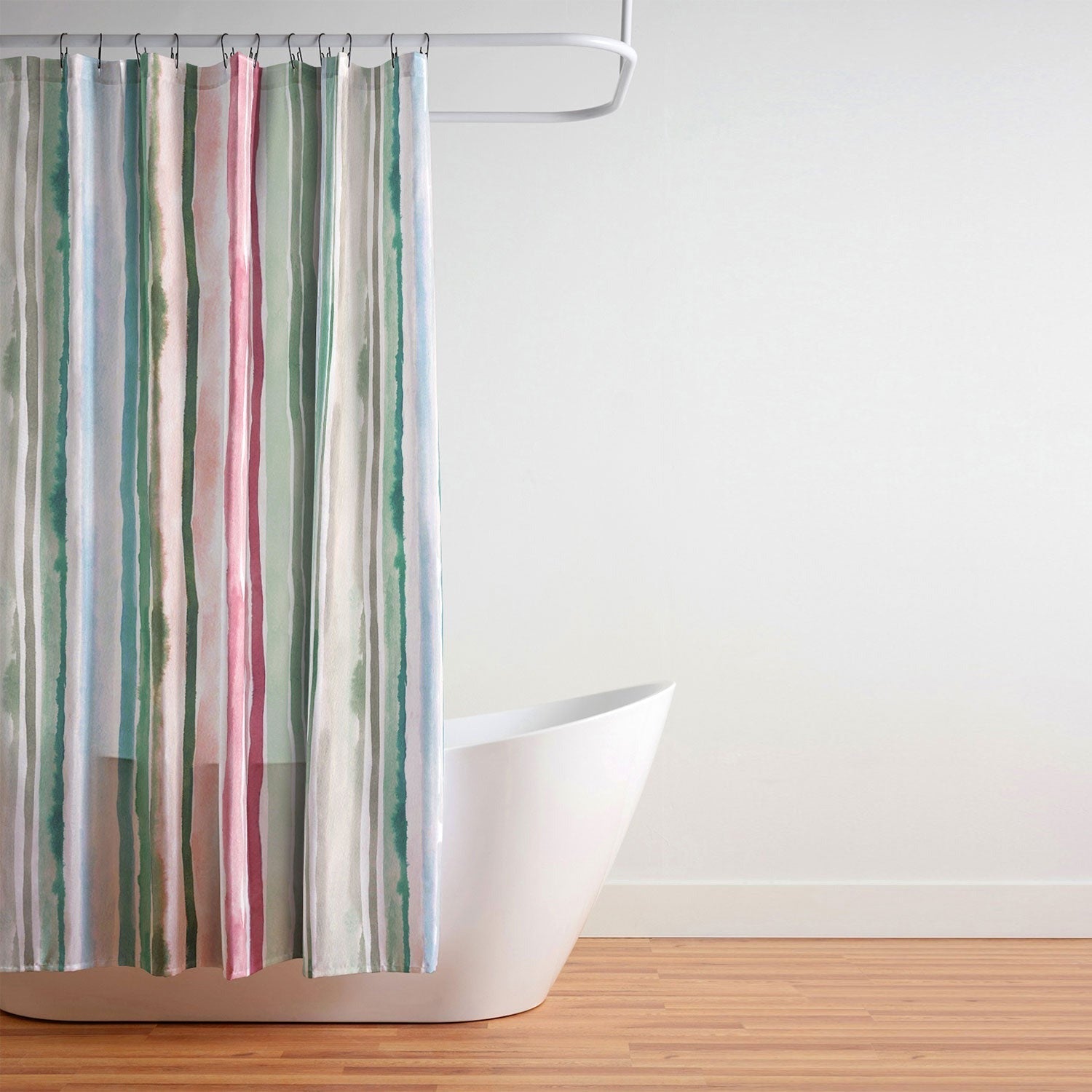 Ninola Design Botanic Retreat Watercolor Stripes Green Orange Red Shower Curtain