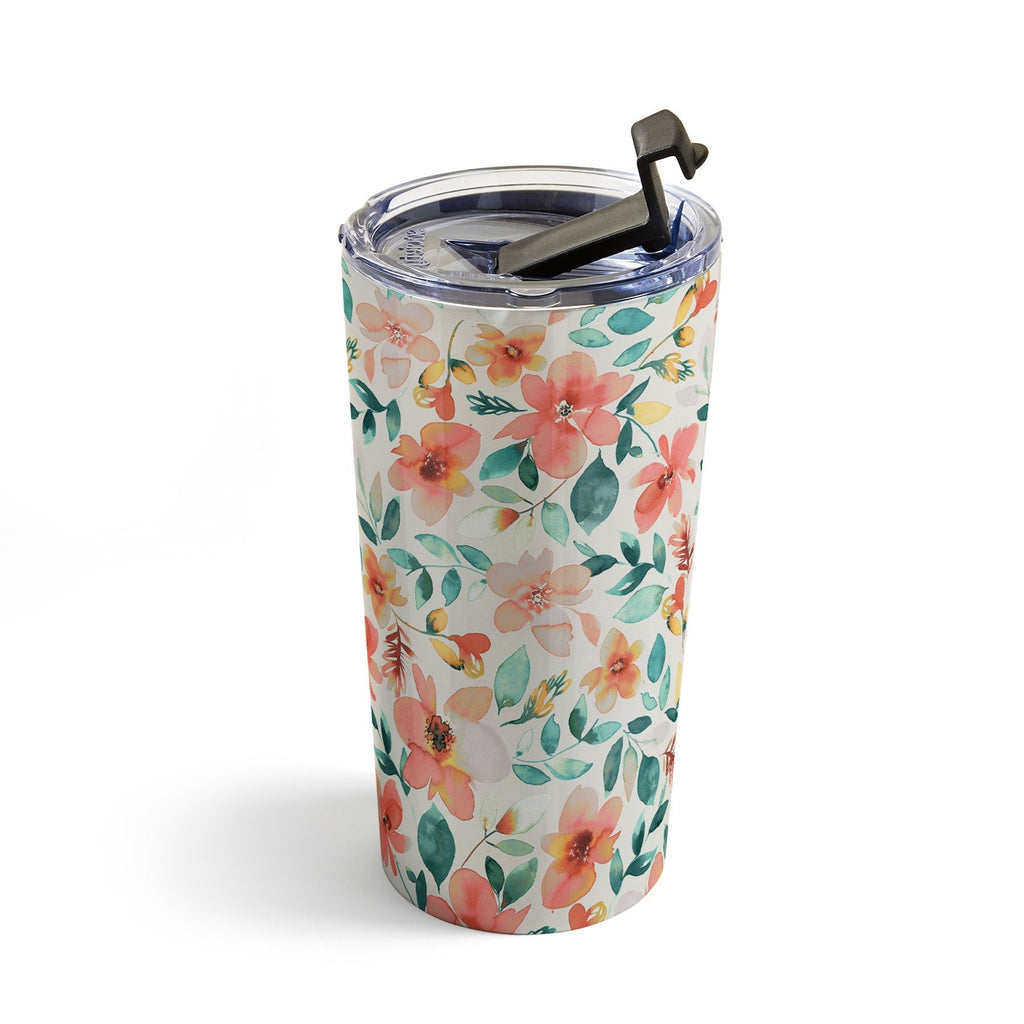 Ninola Design Botanic Retreat Tropical Whimsical Flowers Coral Green Travel Mug