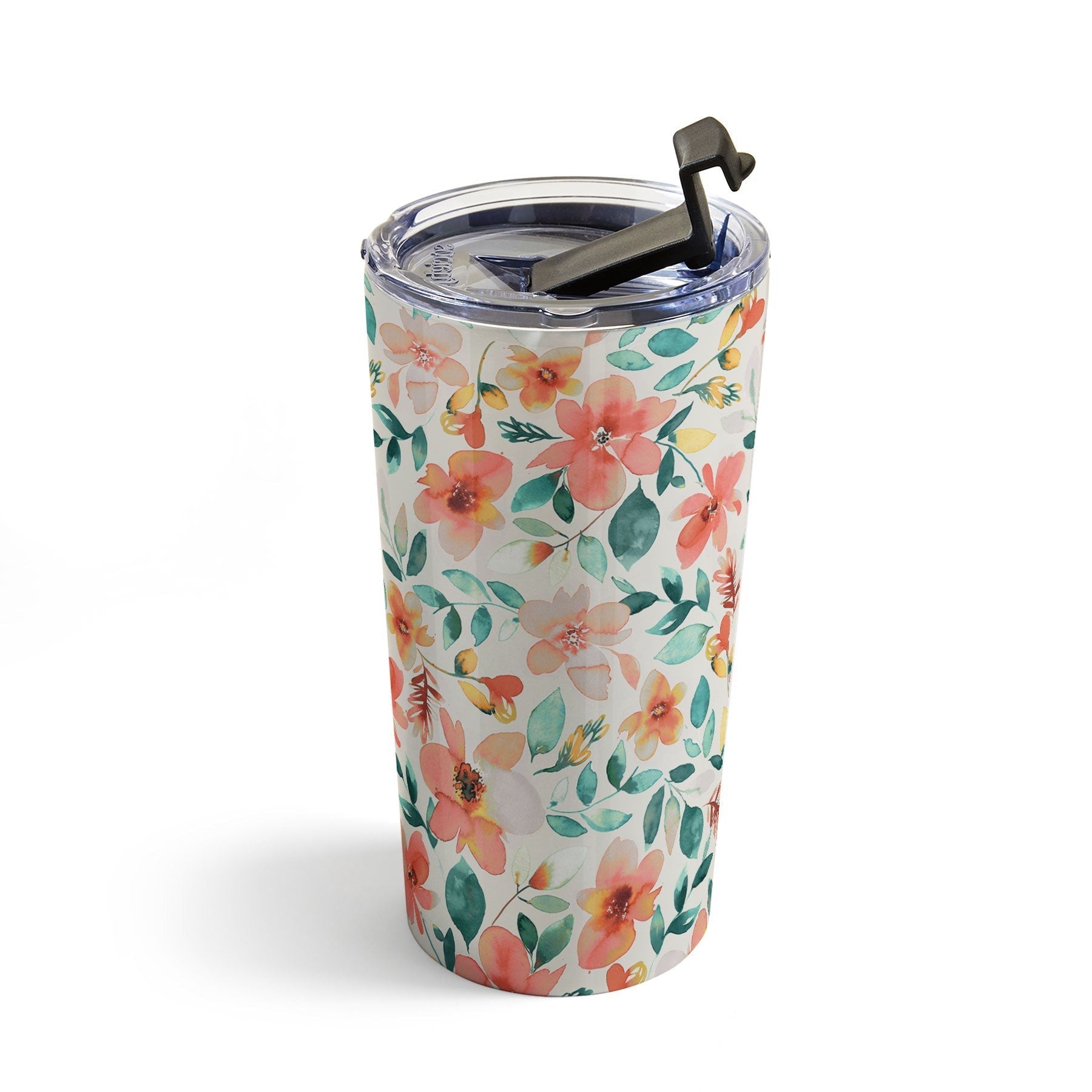 Ninola Design Botanic Retreat Tropical Whimsical Flowers Coral Green Travel Mug